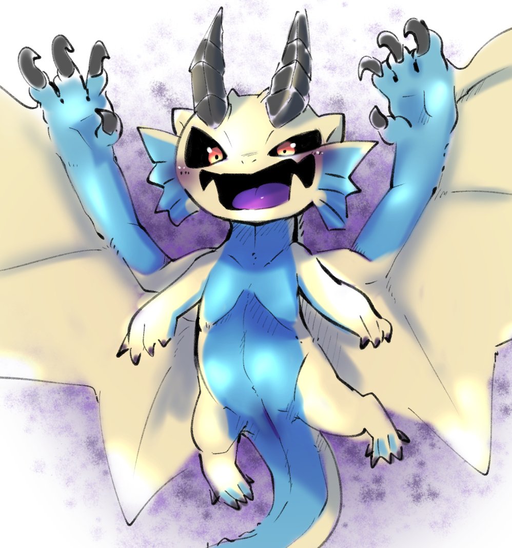 black_sclera blue_body blue_scales blush capcom chibi claws doneru dragon elder_dragon fangs frill_(anatomy) gold_scales horn membrane_(anatomy) membranous_wings monster monster_hunter multi_arm multi_limb scales shagaru_magala simple_background smile spread_wings video_games winged_arms wings yellow_body