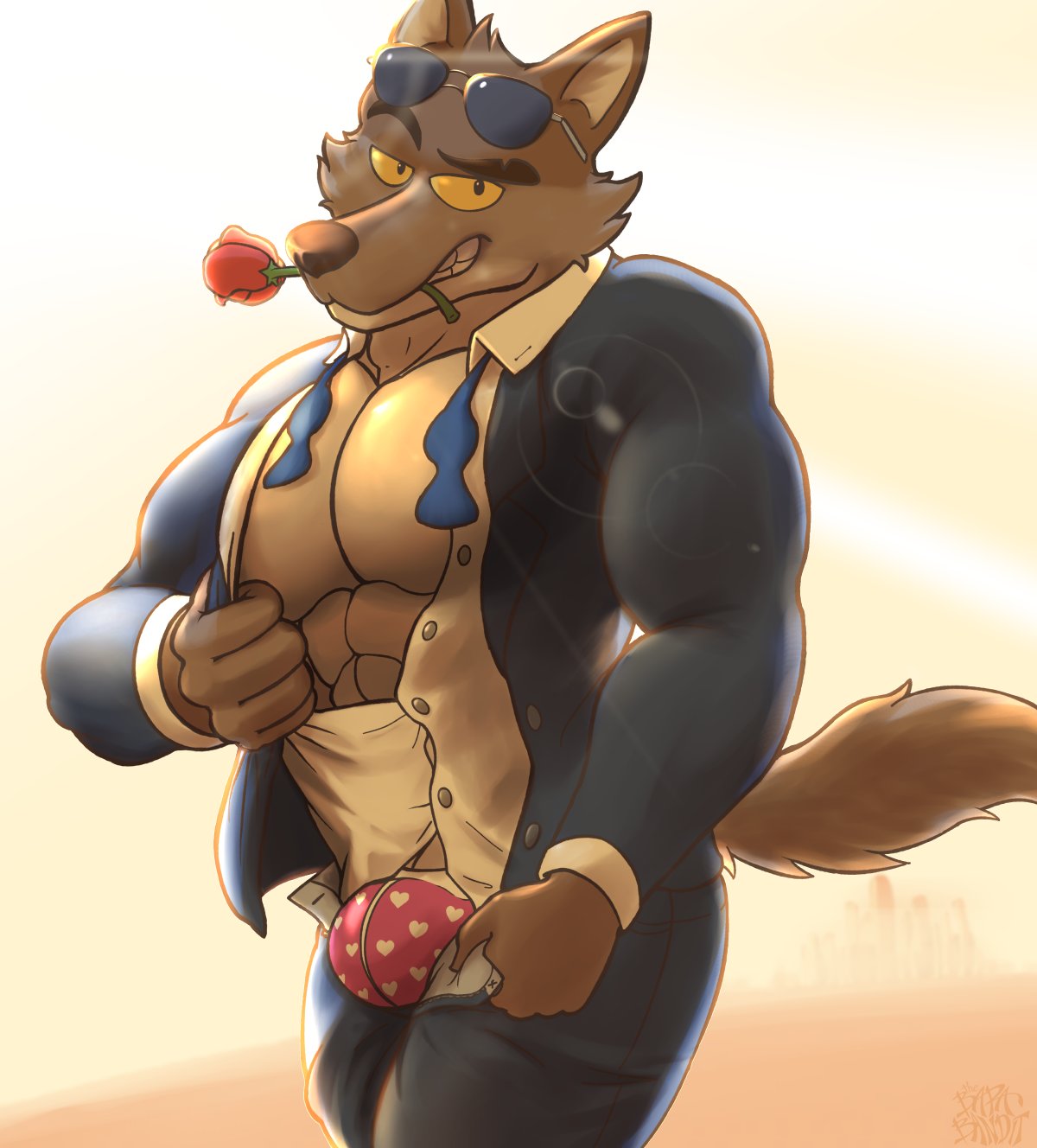 2022 abs anthro biceps bottomwear brown_body brown_fur bulge canid canine canis clothed clothing digital_media_(artwork) dreamworks eyebrows eyewear flower flower_in_mouth fully_clothed fur heart_underwear hi_res male mammal mr._wolf_(the_bad_guys) muscular muscular_anthro muscular_male open_bottomwear open_clothing open_pants open_shirt open_topwear orange_sclera pants pecs plant rose_(flower) rose_in_mouth shirt smile solo suit sunglasses teeth the_bad_guys thebarabandit tight_clothing topwear underwear undressing wolf