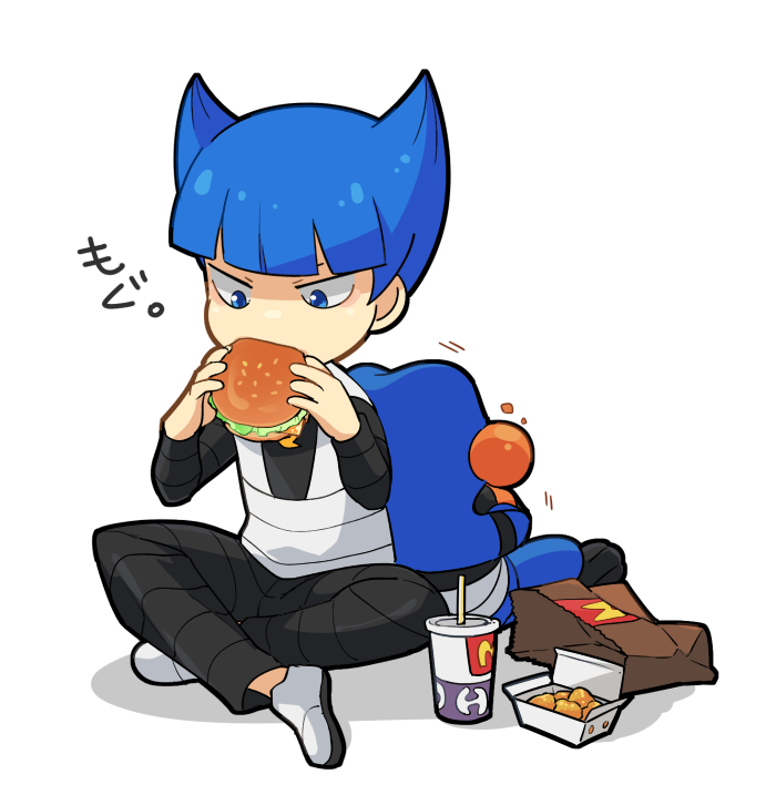 1boy back-to-back bag bangs black_pants black_shirt blue_eyes blue_hair blunt_bangs burger commentary_request croagunk cup disposable_cup drinking_straw eating fast_food food hands_up holding holding_food kono2noko lettuce long_sleeves male_focus mcdonald's pants paper_bag pokemon pokemon_(creature) pokemon_(game) pokemon_dppt saturn_(pokemon) shirt shoes short_hair sitting team_galactic team_galactic_uniform vest white_background