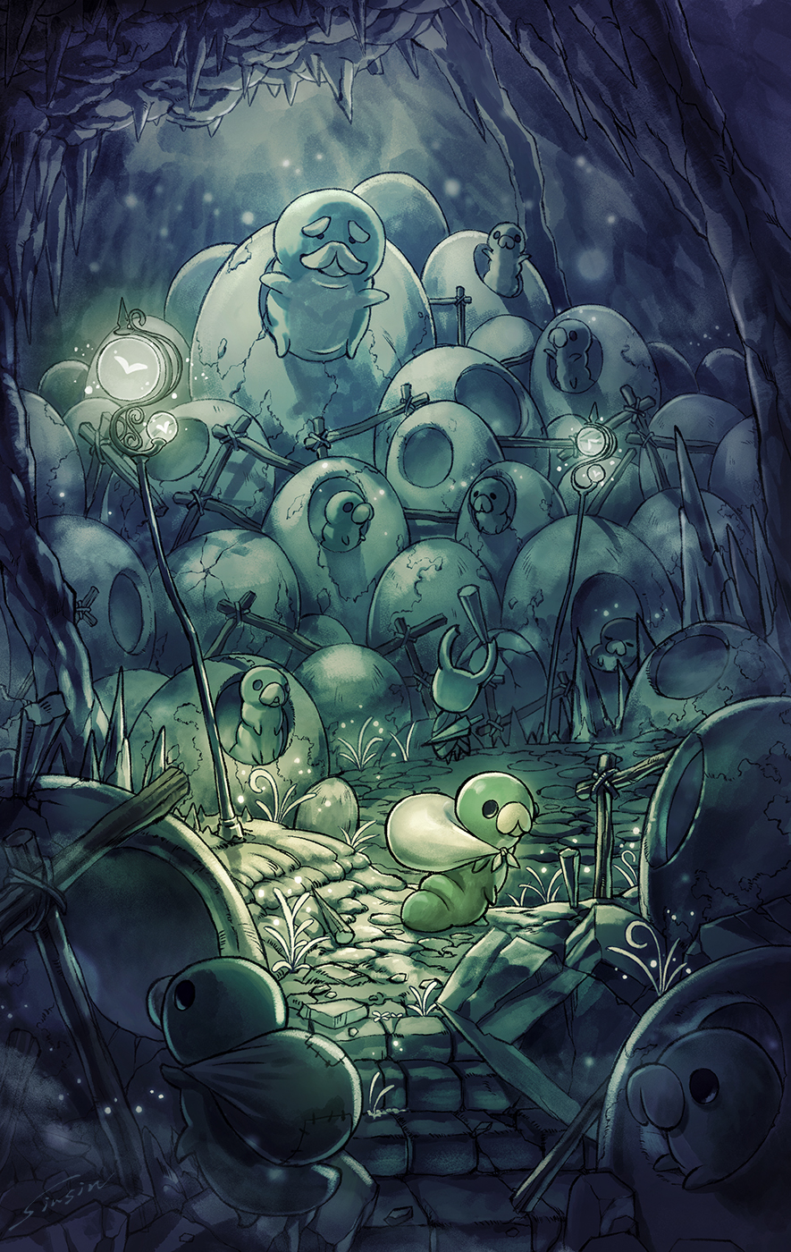 bug cape cave cloak egg firefly full_body grub_(hollow_knight) grubfather_(hollow_knight) highres hollow_knight horns knight_(hollow_knight) mask no_humans pouch sinsin719 stalagmite standing sword village weapon