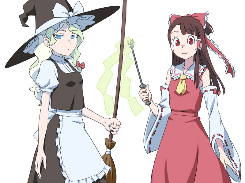 2girls :/ apron arm_at_side ascot bangs black_dress black_headwear blue_eyes blunt_ends bow breasts broom closed_mouth collar collared_dress cosplay detached_sleeves diana_cavendish dress dress_shirt feet_out_of_frame flipped_hair frilled_apron frilled_bow frilled_collar frilled_hair_tubes frilled_hat frilled_ribbon frills hair_bow hair_ornament hair_tubes hakurei_reimu hakurei_reimu_(cosplay) hand_up hat hat_bow hat_ribbon holding holding_broom holding_wand kagari_atsuko kirisame_marisa kirisame_marisa_(cosplay) light_green_hair little_witch_academia long_hair looking_at_viewer multicolored_clothes multicolored_dress multicolored_hair multiple_girls no_pupils parted_bangs puffy_short_sleeves puffy_sleeves red_bow red_dress red_ribbon ribbon ribbon-trimmed_sleeves ribbon_trim satochi shirt short_sleeves simple_background single_sidelock sleeveless sleeveless_dress small_breasts straight_hair tareme touhou tsurime two-tone_hair waist_apron wand wavy_hair white_apron white_background white_bow white_dress white_ribbon white_shirt wide_sleeves witch_hat yellow_ascot