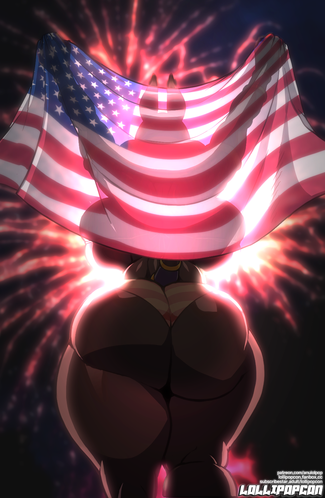 4th_of_july anthro anubis back_boob big_butt breasts butt deity egyptian_mythology female hi_res huge_butt lollipopcon middle_eastern_mythology mythology rear_view solo stars_and_stripes thick_thighs united_states_of_america