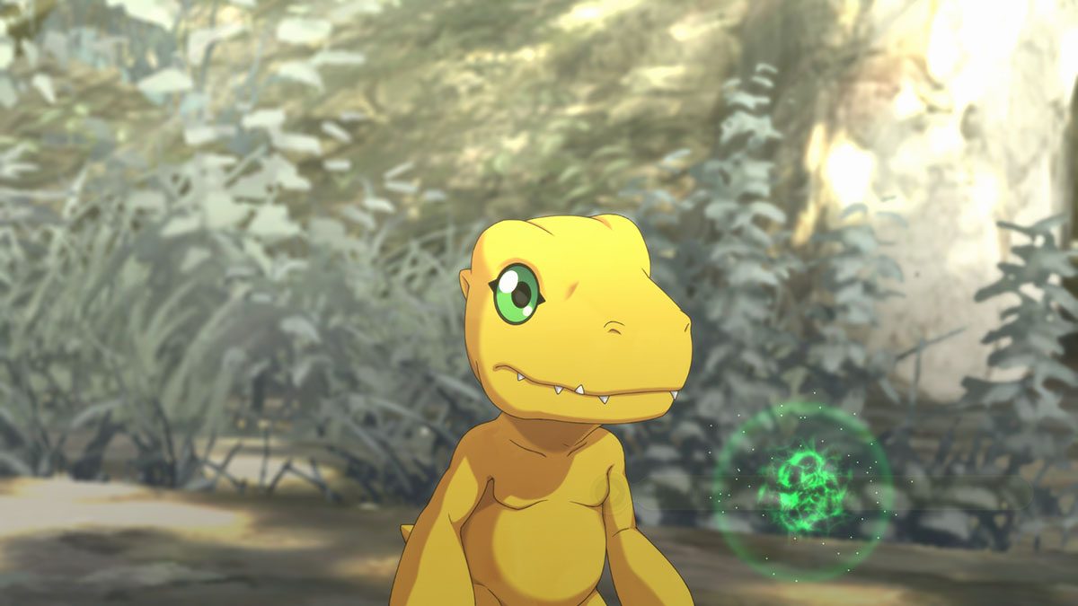 agumon agumon_(survive) ambiguous_gender anthro bandai_namco belly biped colored detailed_background digimon digimon_(species) digimon_survive glowing green_eyes green_glow light light_beam mouth_closed no_navel official_art orange_body orange_scales plant portrait scales scalie shaded solo sunbeam sunlight teeth_showing three-quarter_portrait unknown_artist