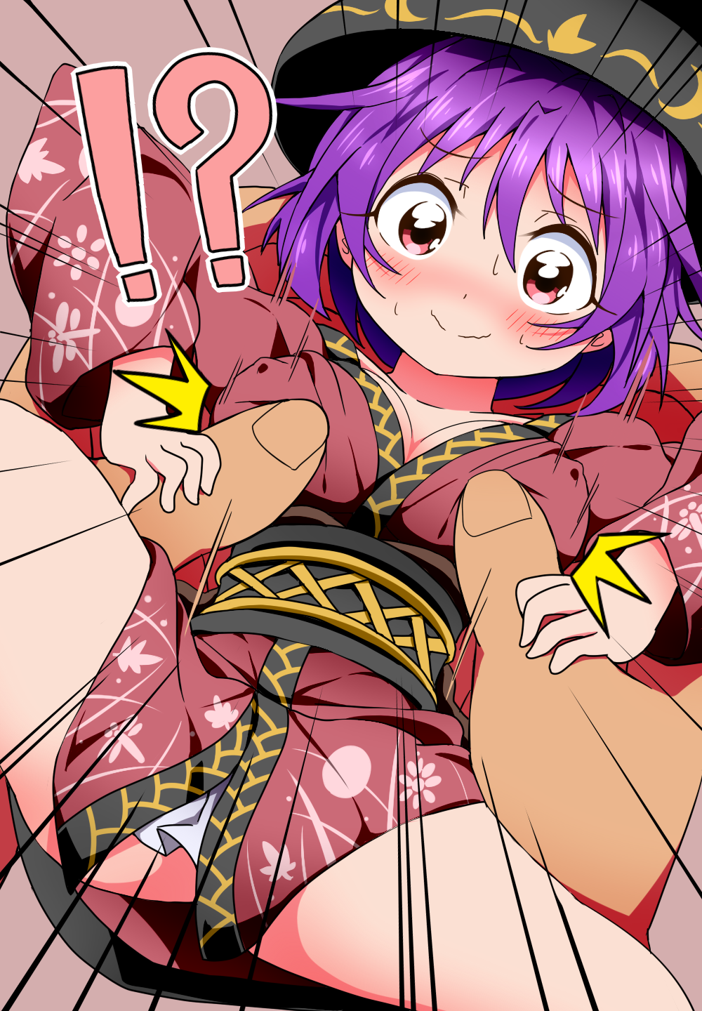 !? 1boy 1girl bangs black_sash blush bowl bowl_hat breast_grab breasts bwell closed_mouth commentary_request covered_nipples emphasis_lines feet_out_of_frame grabbing groping hair_between_eyes hat hetero highres japanese_clothes kimono large_breasts looking_at_viewer minigirl obi purple_hair red_eyes red_kimono sash short_hair smile solo_focus sukuna_shinmyoumaru surprised touhou wavy_mouth