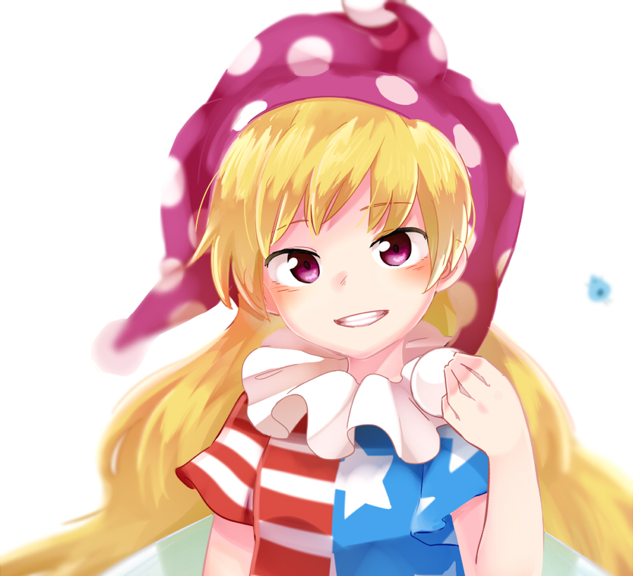 american_flag american_flag_print bangs blonde_hair clownpiece commentary_request flag_print grin hand_up hat jester_cap long_hair looking_at_viewer neck_ruff purple_headwear shikushiku_(amamori_weekly) shirt short_sleeves smile touhou underwear upper_body white_background