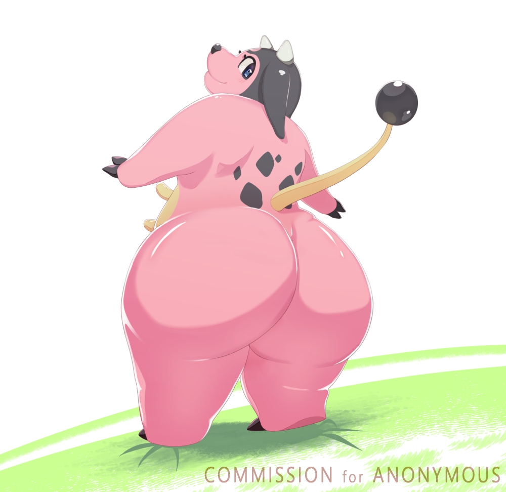 anthro big_butt butt female looking_at_viewer meltycream miltank nintendo pink_body pok&eacute;mon pok&eacute;mon_(species) rear_view simple_background solo thick_thighs video_games white_background