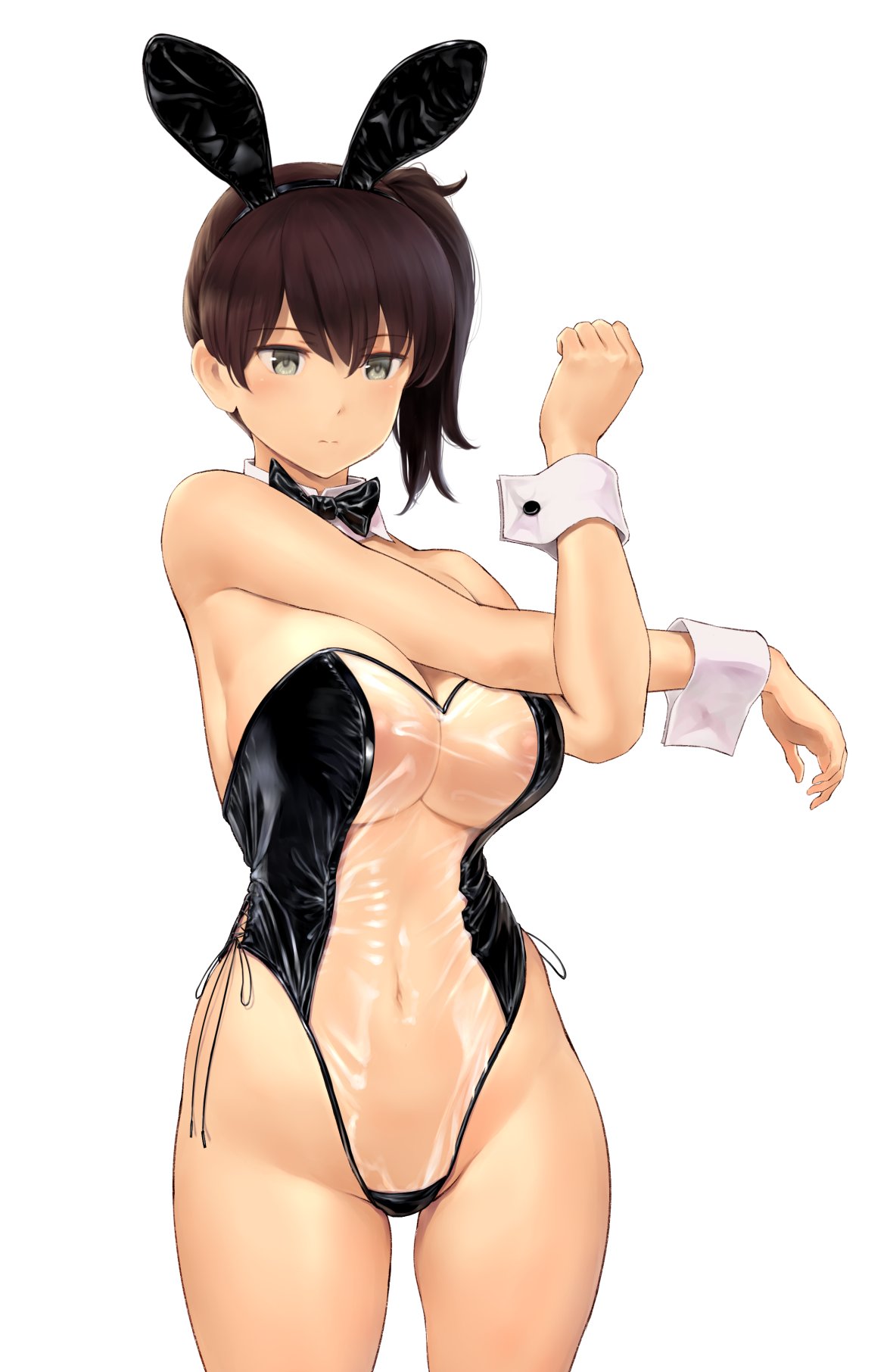 1girl :| animal_ears bangs bare_arms black_bow black_bowtie black_leotard blush bow bowtie breasts brown_hair cleavage closed_mouth covered_navel cowboy_shot crossed_arms detached_collar fake_animal_ears grey_background grey_eyes groin highleg highleg_leotard highres kaga_(kancolle) kantai_collection large_breasts leotard looking_at_viewer playboy_bunny revision see-through see-through_leotard short_hair side_ponytail simple_background solo strapless strapless_leotard stretch thighs wa_(genryusui) wrist_cuffs