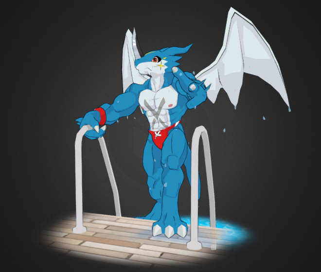 abs bandai_namco blue_body clothing confidence digimon digimon_(species) exveemon gdrzhuowolf looking_at_viewer male model muscular muscular_male nipples pecs railing solo star swimming_pool swimwear water white_body white_skin wings wristband