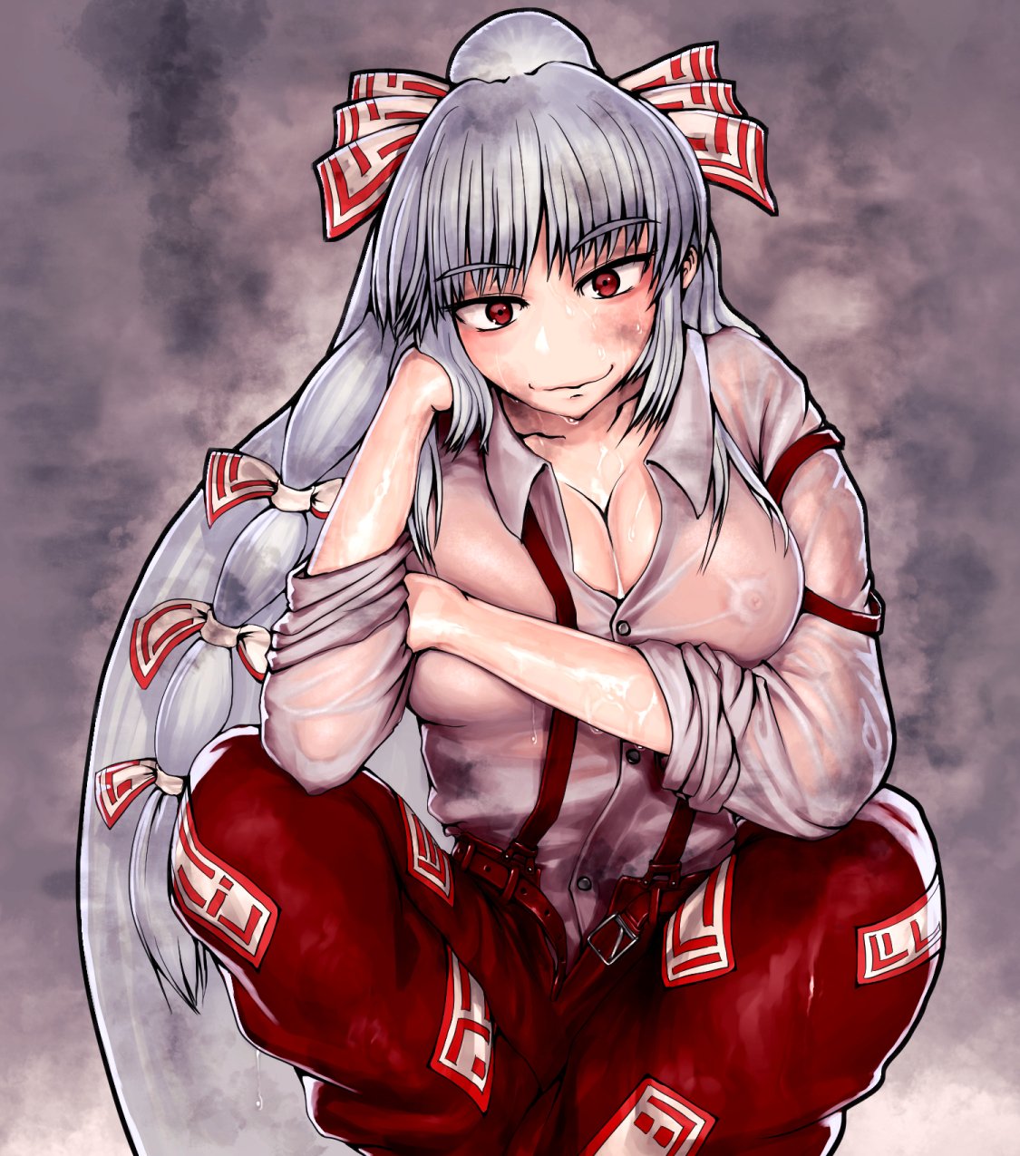 1girl alternate_breast_size bangs belt bow breast_press breasts buttons cleavage closed_mouth collaboration collarbone collared_shirt covered_nipples dirty dirty_clothes dirty_face feet_out_of_frame fujiwara_no_mokou gengoroumaru_(ambidextrous) grey_hair hair_bow hand_on_own_cheek hand_on_own_face hand_up head_tilt highres large_breasts long_hair long_sleeves looking_at_viewer nipples no_bra ofuda ofuda_on_clothes open_belt open_clothes open_fly open_pants pants plunging_neckline red_eyes red_pants see-through see-through_shirt shirt skindentation smile smoke sogaku solo squatting suspenders suspenders_slip touhou unaligned_breasts very_long_hair wet wet_clothes wet_face wet_pants wet_shirt white_shirt wing_collar