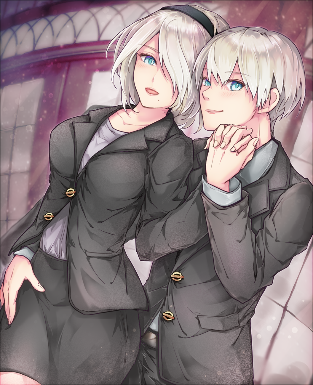 1boy 1girl akira_(aky-la) alternate_costume belt black_hairband blue_eyes blush breasts collarbone commentary_request cowboy_shot eyebrows_visible_through_hair formal grey_jacket grey_shirt grey_skirt hairband hand_holding highres jacket large_breasts long_sleeves looking_at_viewer mole mole_under_mouth nier_(series) nier_automata parted_lips shirt short_hair silver_hair skirt suit window yorha_no._2_type_b yorha_no._9_type_s