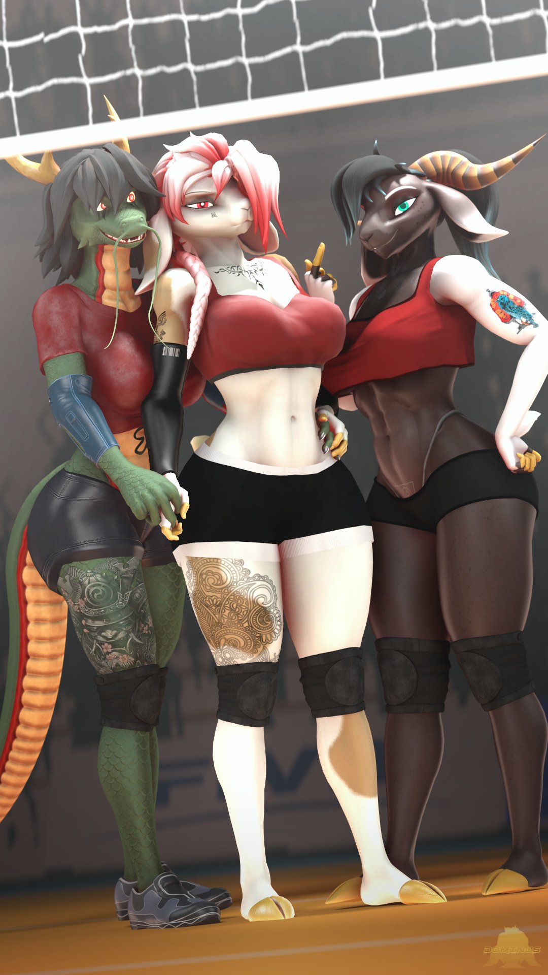 2022 2_horns akiko_(akikosfm) ali_valencia_(dominus) anthro arm_tattoo arm_warmers armwear asian_mythology barcode barcode_print big_breasts black_body black_bottomwear black_clothing black_fur black_hair black_shorts black_sneakers blue_eyes bottomwear bovid bra breasts brown_body brown_fur caprine chest_tattoo clothing curved_horn dominussfm dragon east_asian_mythology eastern_dragon facial_tattoo female fingerless_(marking) fur gesture goat grey_clothing grey_thong grey_underwear group hair hand_on_hip hi_res highlights_(coloring) hooves horn kara_(daloaf) knee_pads leg_tattoo looking_at_viewer mammal middle_finger multicolored_body multicolored_fur multicolored_hair mythology orange_eyes red_clothing red_eyes red_hair red_highlights red_topwear scalie shorts sport sports_bra tattoo thick_thighs thong topwear trio two_tone_body two_tone_fur two_tone_hair underwear volleyball volleyball_net white_body white_fur white_hair wingless_dragon