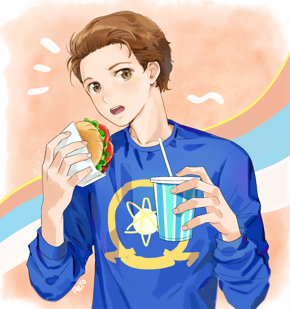 1boy atom bishounen blue_shirt bread brown_eyes brown_hair commentary cup disposable_cup drink drinking_straw fast_food food holding holding_cup long_sleeves looking_at_viewer male_focus marvel open_mouth peter_parker peyo_han shirt short_hair simple_background solo spider-man_(series) teeth tomato wrapper