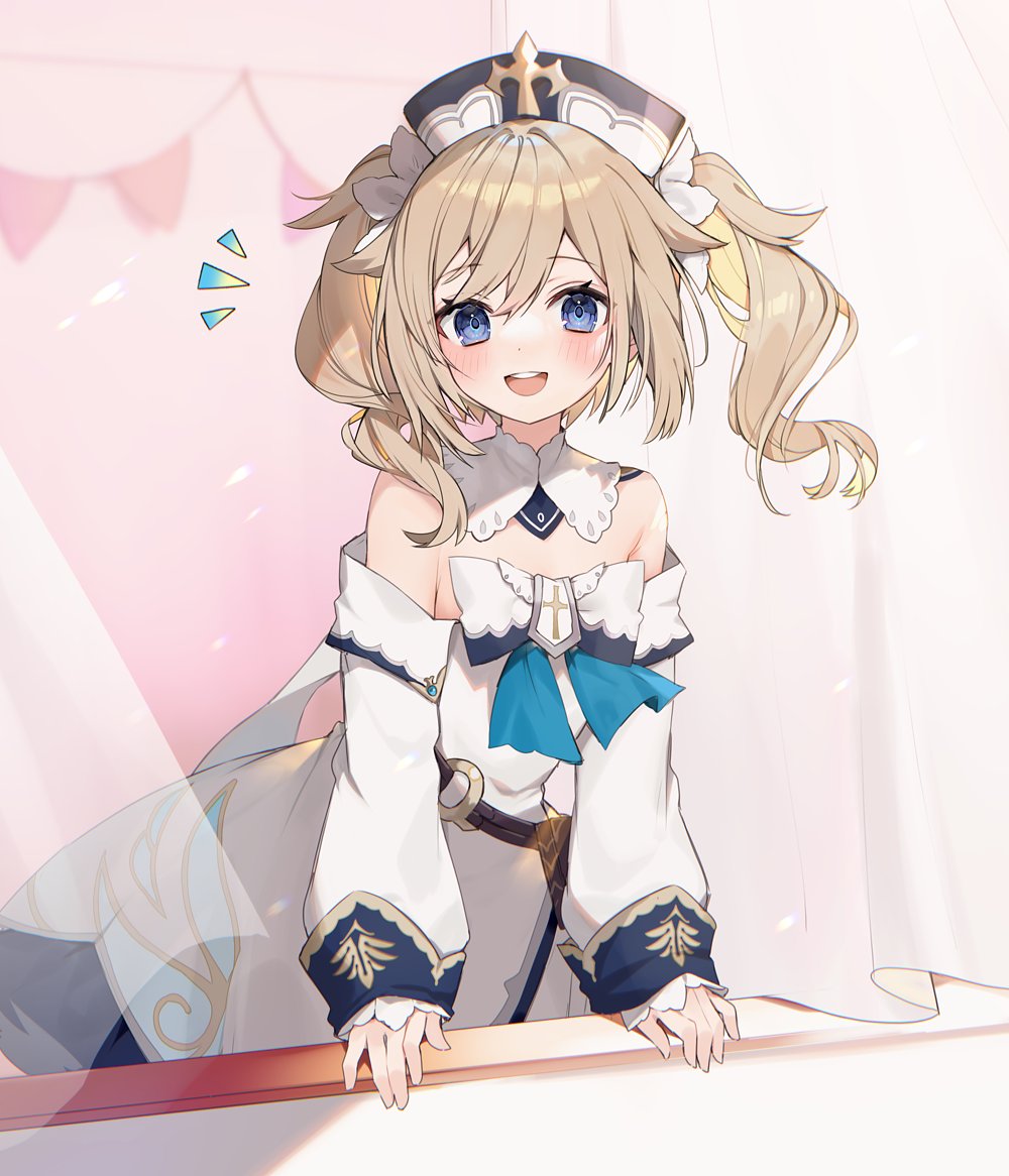 1girl banned_artist barbara_(genshin_impact) blonde_hair blue_eyes blush bow bowtie cross curtains detached_collar dress drill_hair genshin_impact latin_cross long_sleeves looking_at_viewer muryotaro open_mouth smile solo twin_drills twintails white_bow white_dress white_headwear