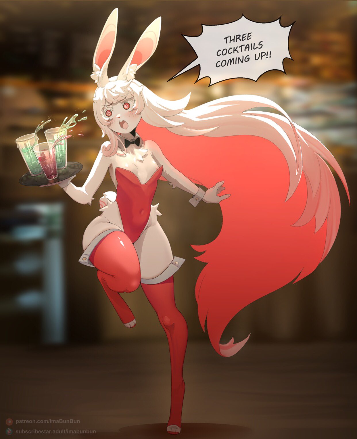 3_toes alcohol anthro beverage bow_tie breasts bunny_costume cleavage clothed clothing container costume cuff_links cup digital_media_(artwork) drinking_glass english_text feet female fingers fur furniture glass glass_container glass_cup hair hi_res holding_object ima_(imabunbun) imabunbun inner_ear_fluff inside lagomorph legwear leotard leporid long_hair mammal navel open_mouth pawpads pink_hair rabbit shaded small_breasts solo speech_bubble spreading stockings text tight_clothing toes tongue tray tuft white_body white_fur