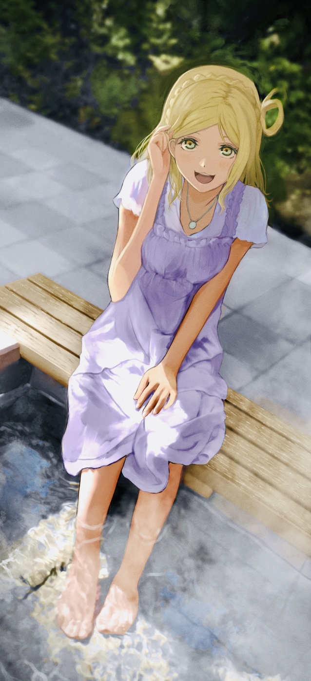 1girl :d barefoot blonde_hair blurry blurry_background braid crown_braid depth_of_field dress foot_bath hair_rings hair_tucking hand_on_lap highres jewelry long_hair looking_at_viewer love_live! love_live!_sunshine!! medium_dress necklace ohara_mari open_mouth outdoors purple_dress refraction shade short_sleeves sitting smile soaking_feet solo steam symbol-only_commentary yanase_eiwa yellow_eyes