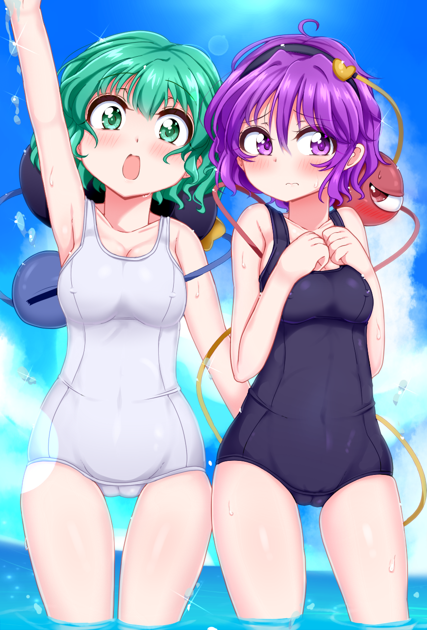 2girls alternate_costume arm_up armpits bangs black_hairband blush breasts bwell cameltoe cleavage closed_mouth commentary_request covered_nipples cowboy_shot eyeball green_eyes green_hair hair_between_eyes hair_ornament hairband heart heart_hair_ornament highres in_water komeiji_koishi komeiji_satori lens_flare looking_at_viewer looking_to_the_side medium_breasts multiple_girls ocean one-piece_swimsuit open_mouth purple_eyes purple_hair red_eyes short_hair siblings sisters smile swimsuit third_eye touhou water wavy_hair