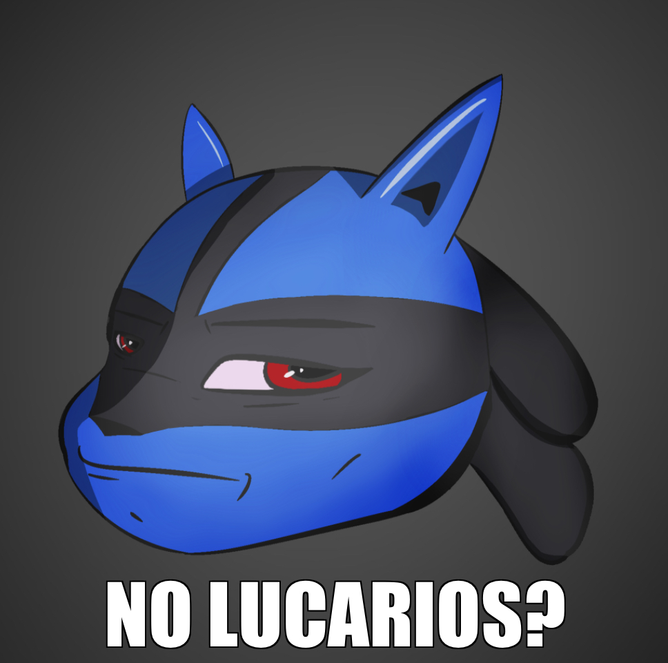 ambiguous_gender anthro black_nose black_stripes blue_body blue_fur closed_frown disembodied_head disgruntled eyeliner fur glistening glistening_eyes humanoid lucario makeup meme nintendo no_bitches? otto_atter pok&eacute;mon pok&eacute;mon_(species) red_eyes shaded simple_background simple_coloring simple_shading solo solo_focus stripes video_games