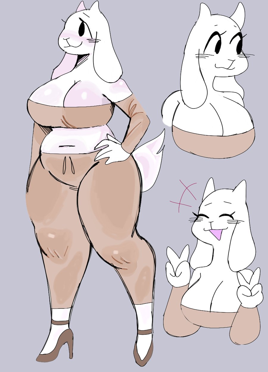 anthro belly big_breasts boss_monster bovid breasts caprine chubby_female cleavage clothed clothing digital_media_(artwork) double_v_sign female fur gesture happy hi_res high_heels horn huge_breasts mammal navel puppkittyfan1 simple_background slightly_chubby smile solo tan_clothing thick_thighs toriel undertale undertale_(series) v_sign video_games white_body white_fur white_tail wide_hips