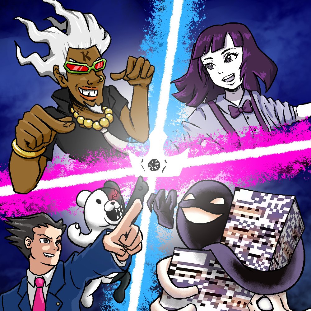 1girl 2boys 2others ace_attorney aerodactyl aura badge bangs bead_necklace beads bear black_shirt blue_background blue_jacket bow bowtie collared_shirt colored_skin crossover danganronpa_(series) dark-skinned_male dark_skin dj_professor_k english_commentary facial_hair facial_mark forehead_mark fossil ghost glitch glowing goatee green-framed_eyewear grin jacket jems_(shf1) jet_set_radio jet_set_radio_future jewelry lavender_shirt looking_to_the_side midair missingno. monokuma multiple_boys multiple_others necklace necktie open_mouth phoenix_wright pink_necktie pointing pokemon pokemon_(creature) pokemon_tower_ghost popped_collar purple_bow purple_bowtie purple_hair real_life red-tinted_eyewear shirt short_hair siivagunner skeleton skull sleeves_pushed_up smile spiked_hair split_screen static suspenders sweetest_music t-shirt takeuchi_mariya tinted_eyewear white_hair white_necktie white_shirt white_skin wing_collar