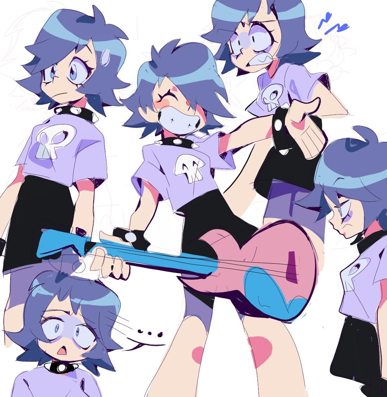 ... 1girl bangs blue_eyes blue_hair bracelet closed_eyes closed_mouth collar english_commentary feet_out_of_frame grin guitar hair_over_one_eye hi_hi_puffy_amiyumi highres instrument jewelry open_mouth sharp_teeth short_hair smile standing teeth triangle_mouth yen0028 yumi_yoshimura