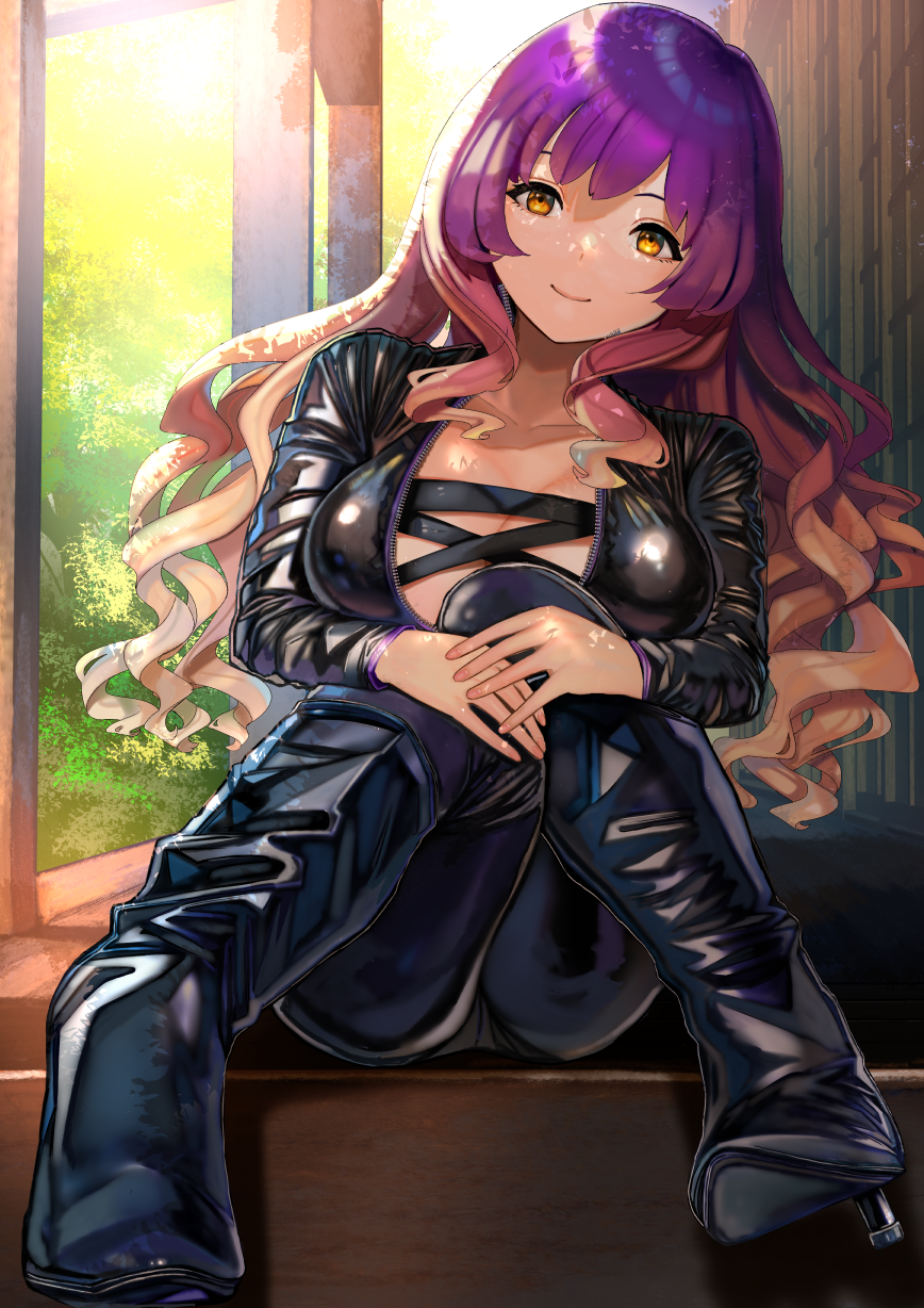 1girl bad_proportions banned_artist blonde_hair boots breasts cross-laced_clothes gradient_hair highres hijiri_byakuren knees_together_feet_apart long_hair multicolored_hair own_hands_together poko_(mammypoko) purple_hair solo touhou turbo_byakuren wavy_hair