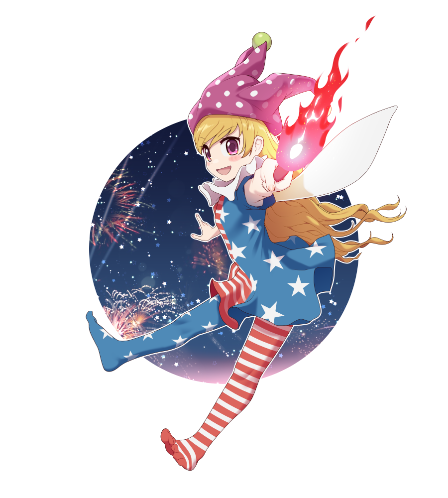 1girl :d american_flag_dress american_flag_legwear bangs blonde_hair clownpiece commentary_request commission dress english_commentary fairy_wings fire fireworks from_side hat holding holding_torch jester_cap legs looking_at_viewer maidforge mixed-language_commentary multicolored_clothes multicolored_dress multicolored_legwear neck_ruff no_shoes pantyhose purple_eyes short_dress smile solo star_(symbol) star_print striped striped_dress striped_legwear swept_bangs toes torch touhou white_background wings