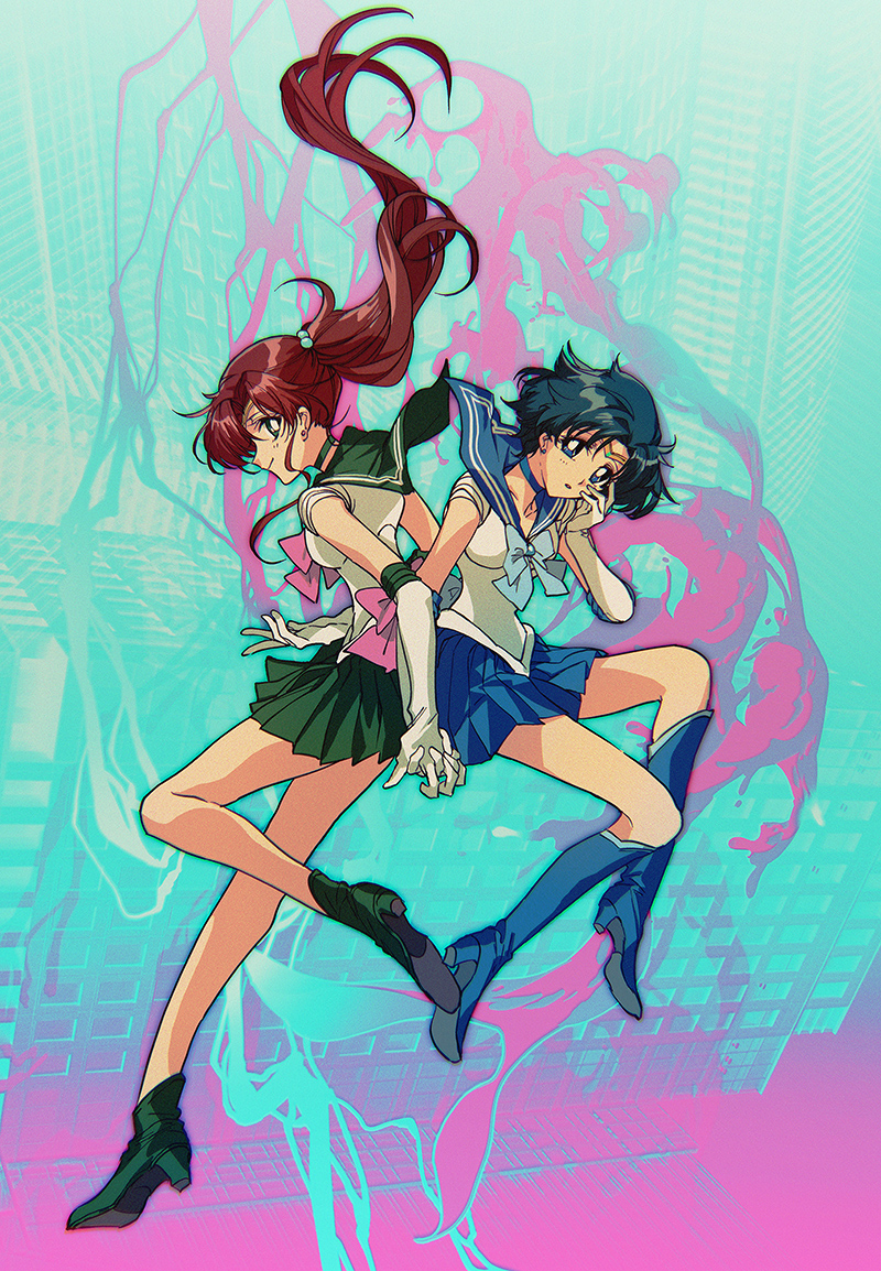 2girls bishoujo_senshi_sailor_moon blue_background blue_bow blue_eyes blue_footwear blue_hair blue_skirt bow breasts brown_hair full_body green_eyes green_footwear green_skirt hattori_masahiko holding_hands magical_girl multicolored_background multiple_girls pink_background pink_bow sailor_jupiter sailor_mercury short_hair skirt