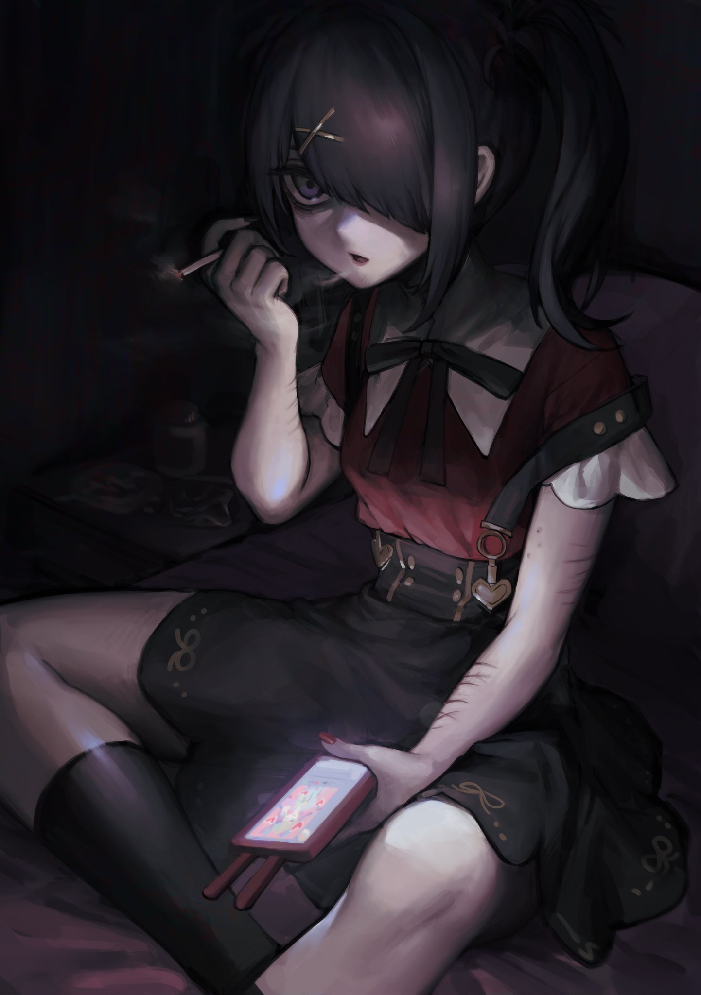 1girl ame-chan_(needy_girl_overdose) bangs bed black_hair blue_eyes cuts dark foam_(awa) hair_over_one_eye heart highres injury needy_girl_overdose phone pill_bottle red_shirt shirt sitting smoke smoking solo strap twintails