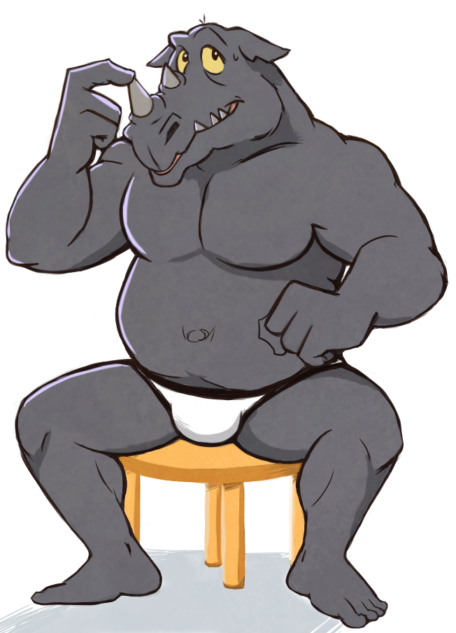 anthro barefoot bikini_briefs black_seam_briefs black_seam_underwear briefs clothed clothing feet furniture grey_body grey_scales hand_on_horn horn male mammal musclegut navel open_mouth rhinocerotoid rocksteady scales shadow simple_background sitting solo stool teeth_showing thegreatmatsutzu tongue_showing topless underwear white_background white_bikini_briefs white_briefs yellow_sclera