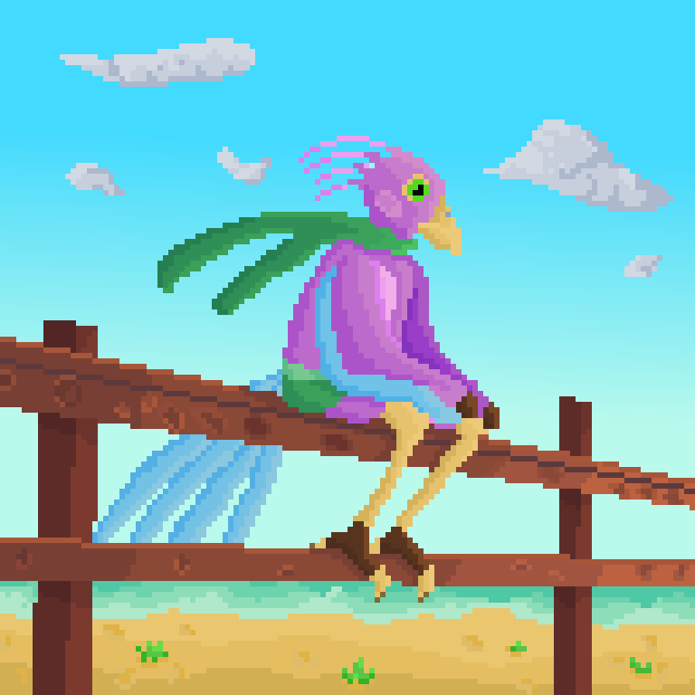 anthro avian beak biped bird bird_feet blue_body clothing digital_media_(artwork) feathered_crest feathered_wings feathers fence galliform green_eyes gyro_feather head_crest lyze237 male peafowl phasianid pink_body pixel_(artwork) scarf sitting sky tail_feathers winged_arms wings