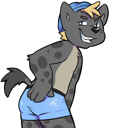 1:1 alpha_channel anthro bluechubbywolf butt calahoo_(calahootheyeen) cheeky clothing grin grinning_at_viewer hand_on_butt hyaenid looking_at_viewer looking_back male mammal smile solo sticker swimming_cap swimwear telegram_sticker
