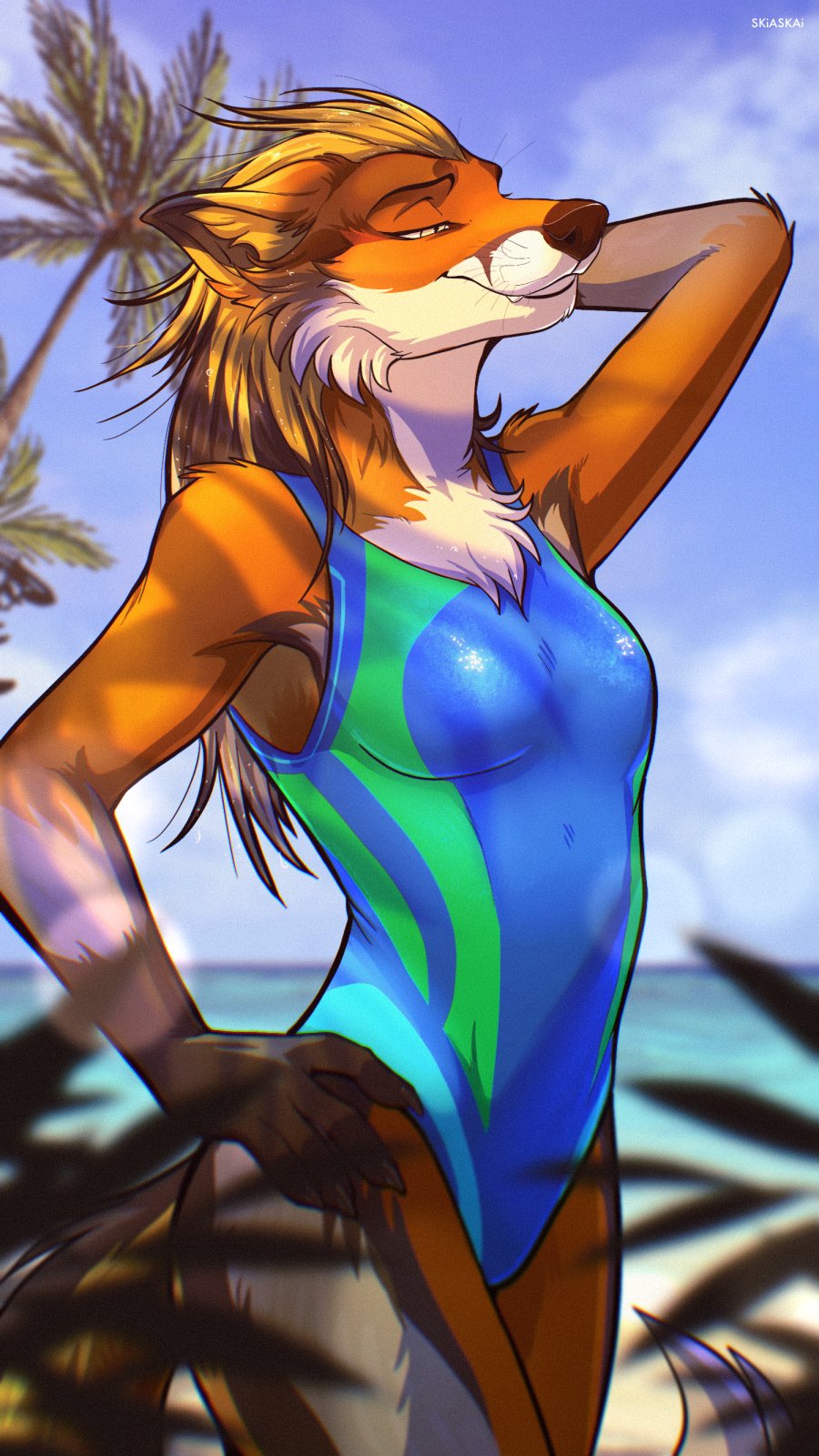 4_fingers anthro artist_name beach blonde_hair breasts brown_body brown_fur canid canine cheek_tuft chest_tuft clothed clothing detailed_background digital_media_(artwork) facial_tuft female fingers fox fur hair half-closed_eyes hand_behind_head hand_on_hip hi_res long_hair mammal narrowed_eyes one-piece_swimsuit open_mouth orange_body orange_fur outside palm_tree plant sand seaside skiaskai sky smile solo standing swimwear tree tuft water white_body white_fur