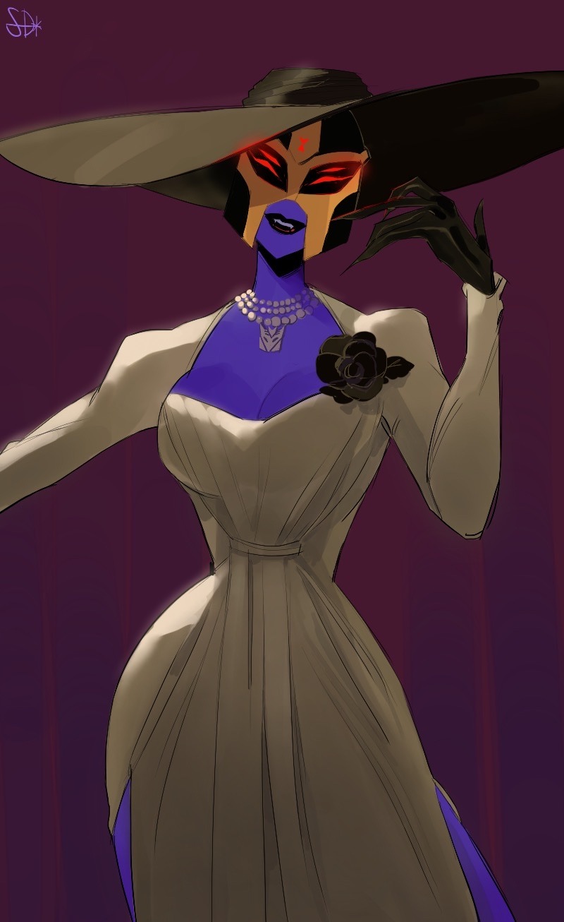 alcina_dimitrescu alcina_dimitrescu_(cosplay) alien black_lips blackarachnia breasts colored_skin cosplay fingernails hat highres large_breasts narrow_waist purple_skin pyxissssstar red_eyes robot sharp_fingernails transformers transformers_animated