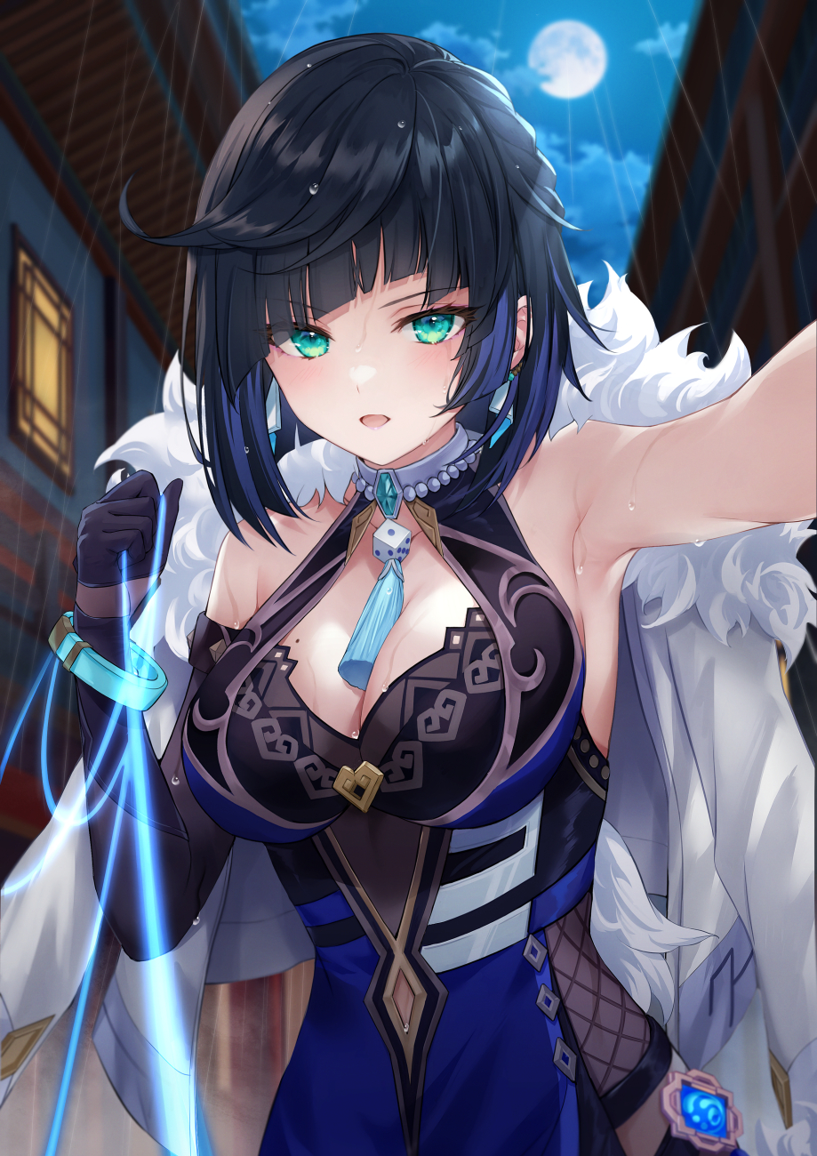 1girl asymmetrical_gloves bangs bare_shoulders black_hair blue_dress blue_hair blush bob_cut breasts cleavage cleavage_cutout clothing_cutout commentary_request diagonal_bangs dice dress earrings full_moon fur-trimmed_jacket fur_trim genshin_impact gloves green_eyes highres jacket jacket_on_shoulders jewelry large_breasts looking_at_viewer mismatched_gloves mole mole_on_breast moon multicolored_hair neck_ring night night_sky open_mouth pelvic_curtain rain short_hair sky solo tassel thread two-tone_hair vision_(genshin_impact) white_jacket yelan_(genshin_impact) yumesaki