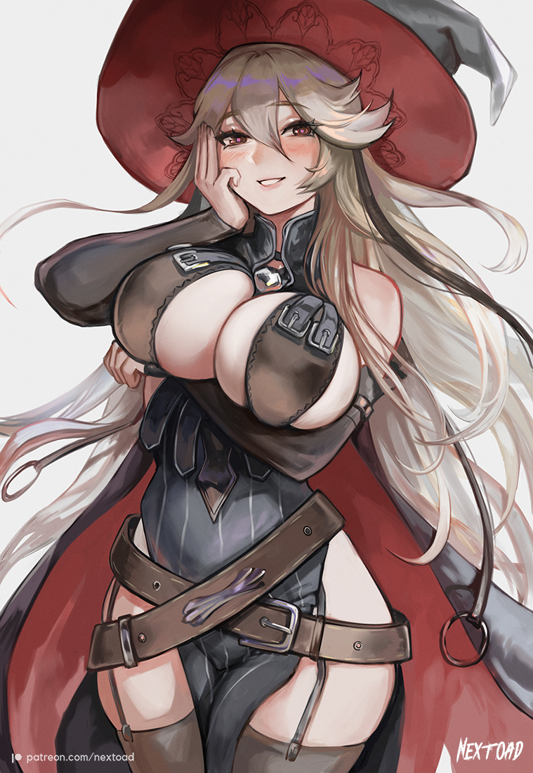 arm_under_breasts bare_shoulders belt black_dress black_gloves breasts brown_legwear bursting_breasts cleavage dress elbow_gloves gloves granblue_fantasy grin hand_on_own_face hat large_breasts looking_at_viewer magisa_(granblue_fantasy) nextoad red_eyes seductive_smile side_slit smile thick_thighs thighhighs thighs white_hair witch witch_hat