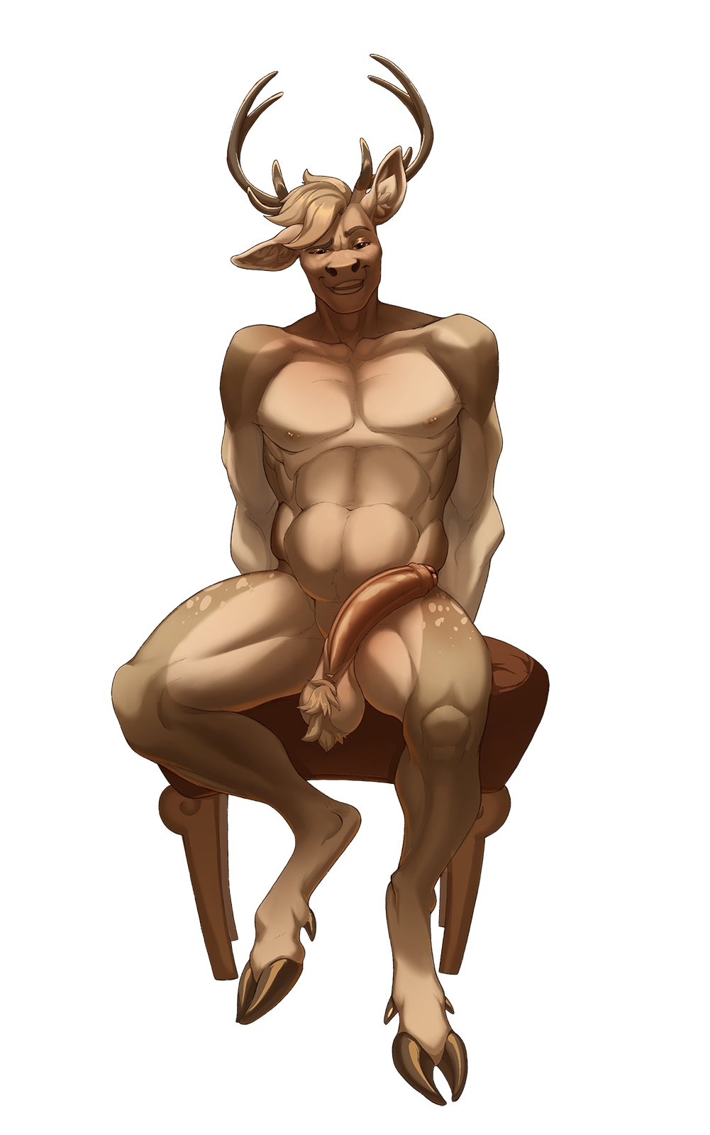2022 anthro antlers ball_tuft balls big_balls big_penis brown_eyes cervid cervine chair eld's_deer fauxhawk foreskin fur furniture genitals grin hi_res hooves horn indigochto linh_khanh_ngo male mammal muscular muscular_anthro muscular_male nipples nude nude_male partially_retracted_foreskin penis pink_penis pinup pose simple_background smile solo stool tan_body tan_fur tuft