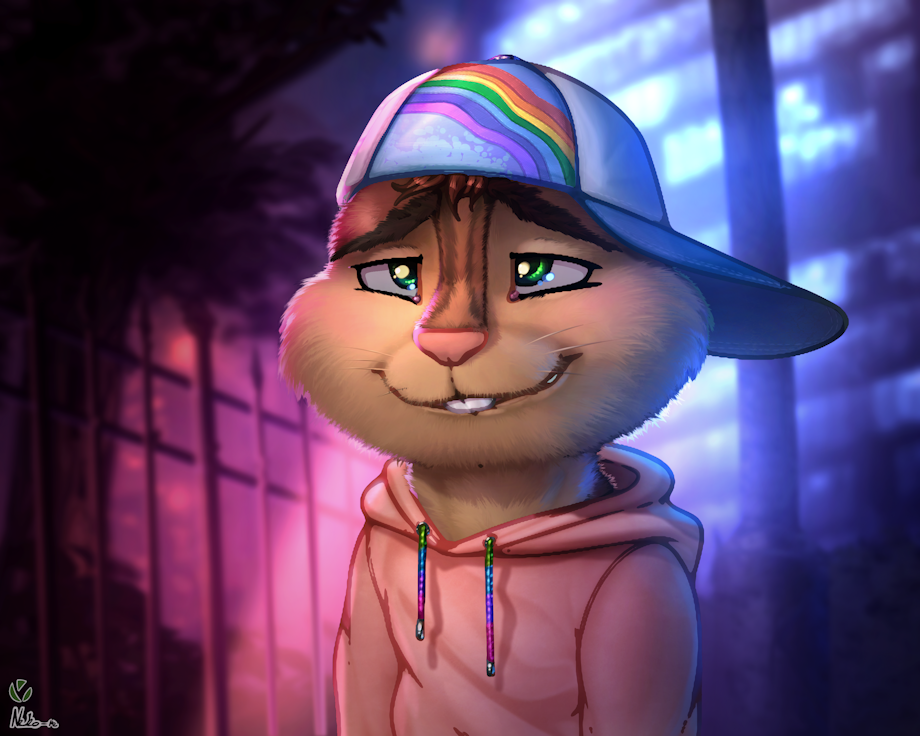 2022 chipmunk clothing detailed_background fan_character feral green_eyes ground_squirrel hoodie jordan_the_chipmunk looking_happy male mammal neko-me night_time rainbow_colors red_clothing red_hoodie red_topwear rodent sciurid sideways_baseball_cap smile solo standing topwear twilight vest_(artist)