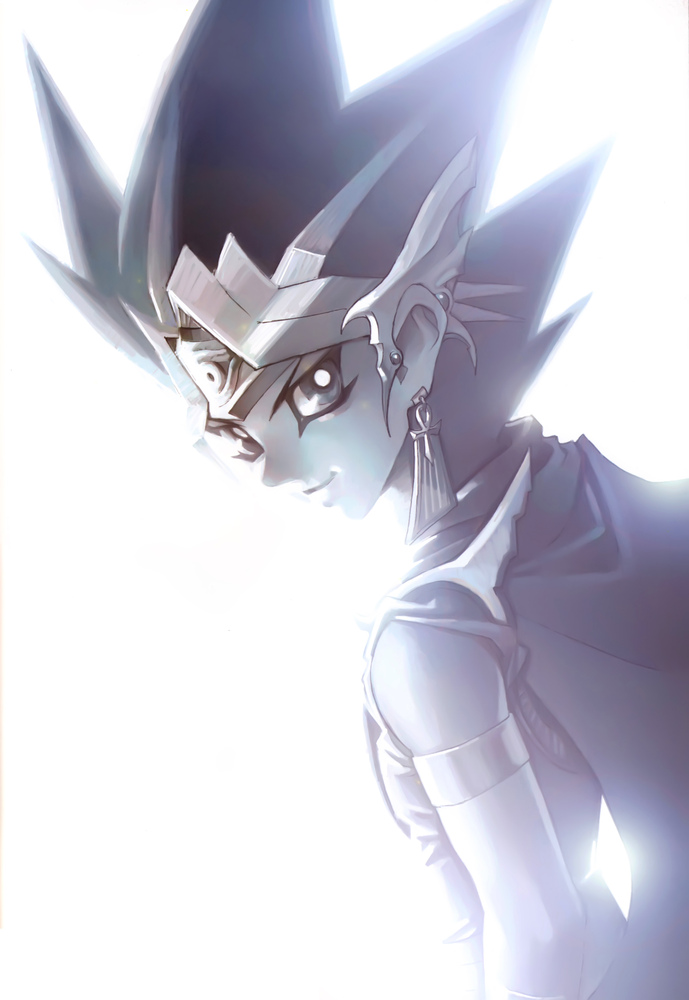 1boy armband atem cape crown earrings eyeshadow greyscale jewelry long_hair looking_at_viewer makeup male_focus monochrome simple_background sleeveless smile solo spiked_hair stud_earrings takahashiartygo white_background yu-gi-oh!