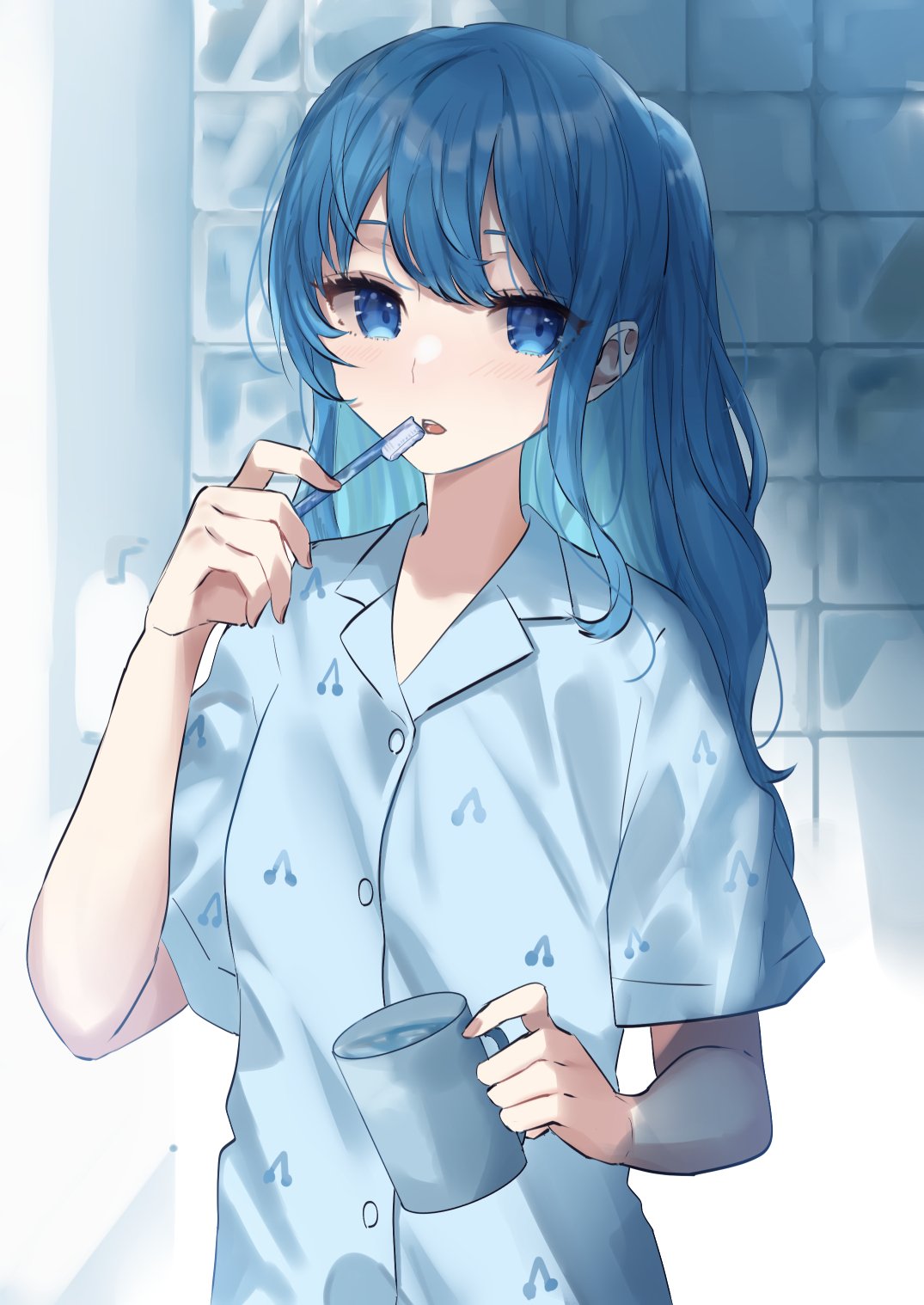 1girl bangs blue_eyes blue_hair collared_shirt cup dress_shirt hair_between_eyes highres holding holding_cup holding_toothbrush hololive hoshimachi_suisei long_hair looking_to_the_side parted_lips ponytail shirt sidelocks solo tile_wall tiles toothbrush ueruko water