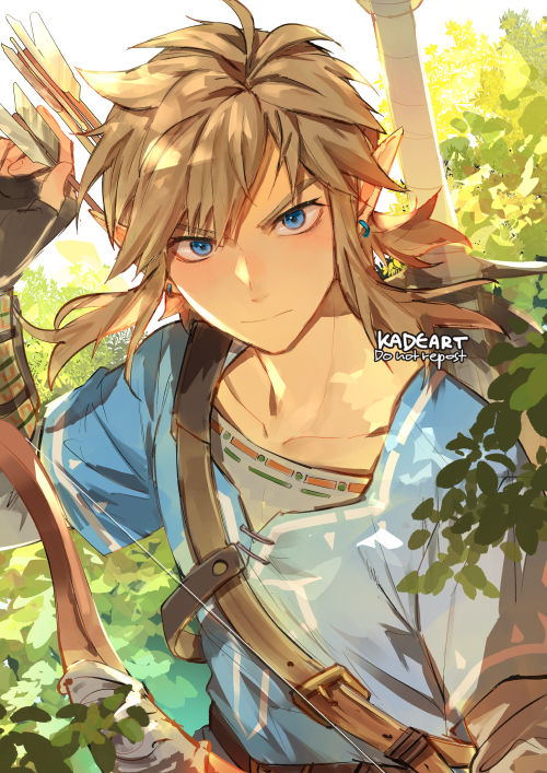 1boy arrow_(projectile) artist_name blonde_hair blue_eyes bow chest_belt day ear_piercing earrings fingerless_gloves forest gauntlets gloves jewelry kadeart leaf link long_hair looking_at_viewer male_focus nature outdoors piercing pointy_ears shirt short_sleeves signature solo spiked_hair the_legend_of_zelda the_legend_of_zelda:_breath_of_the_wild upper_body