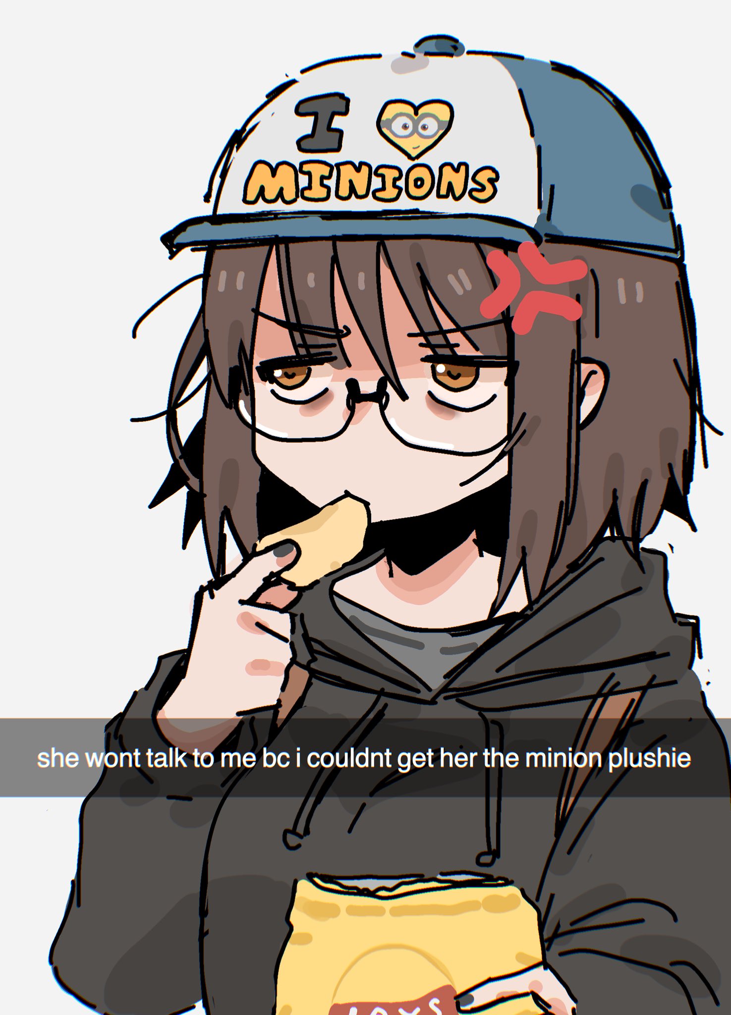 1girl anger_vein annoyed baseball_cap black_hoodie black_nails brown_hair chips despicable_me food glasses grey_shirt hair_behind_ear hat highres holding holding_food hood hoodie lay's minion_(despicable_me) original portrait potato_chips shirt snale snapchat solo white_background
