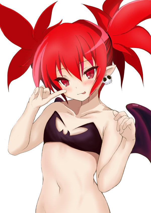 1girl :p bangs bare_shoulders bikini black_bikini black_wings closed_eyes commentary demon_girl demon_wings disgaea earrings etna flat_chest jewelry looking_at_viewer makai_senki_disgaea medium_hair navel pointing pointing_at_self pointy_ears red_eyes red_hair simple_background skull_earrings smile solo spiked_hair standing strapless strapless_bikini swimsuit tobari0394 tongue tongue_out twintails upper_body white_background wings