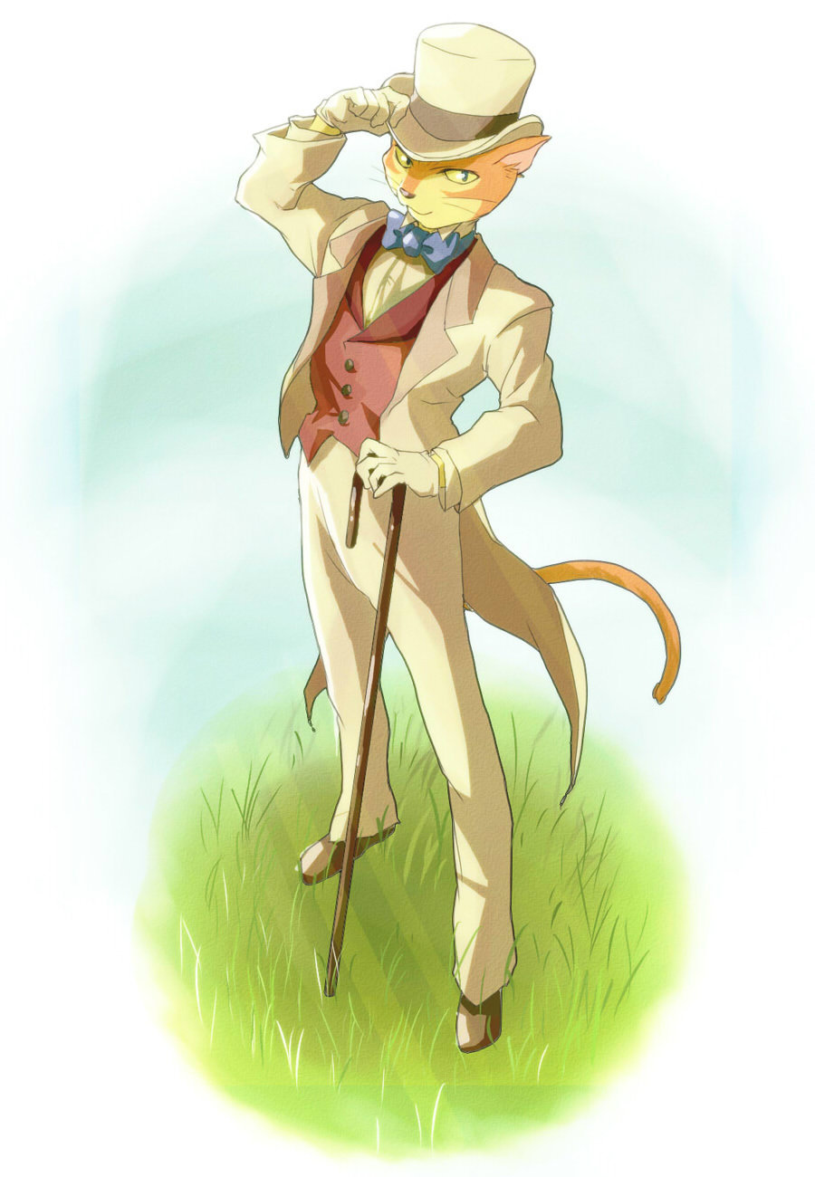 anthro baron_humbert_von_gikkingen blue_eyes bottomwear bow_tie clothed clothing detailed_background digital_media_(artwork) domestic_cat dress dress_shirt felid feline felis fur gentleman ghibli gloves grass handwear hat headgear headwear hi_res holding_clothing holding_hat holding_headgear holding_headwear holding_object looking_at_viewer male mammal multicolored_body orange_body orange_fur pants plant shirt smile solo tail_coat tan_body tan_fur the_cat_returns top_hat topwear unknown_artist vest walking_cane whiskers white_clothing white_dress yellow_sclera