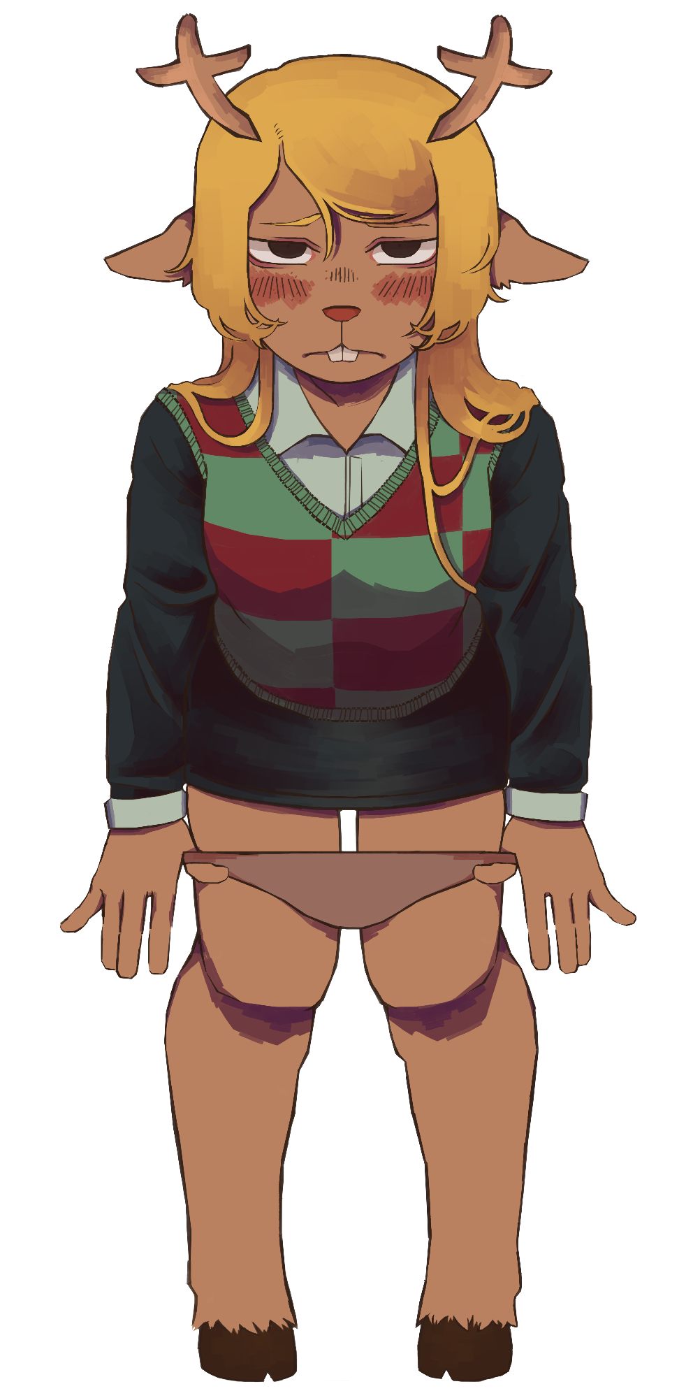 5_fingers anthro antlers bent_over blonde_hair blush blush_lines bottomwear breasts brown_eyes buckteeth capreoline cervid clothed clothing clothing_pull collared_shirt consent_themes constricted_pupils cuffs_(clothing) deltarune doe_with_antlers embarrassed female fingers forced_to_undress frown hair hi_res hooves horn long_hair looking_at_viewer mamaito mammal noelle_holiday panties panties_down panty_pull partially_clothed pupils questionable_consent red_nose reindeer simple_background skirt small_pupils snowgrave solo submissive submissive_anthro submissive_female sweater sweater_vest teeth topwear undertale_(series) underwear underwear_down underwear_pull undressing unsure vest video_games white_background