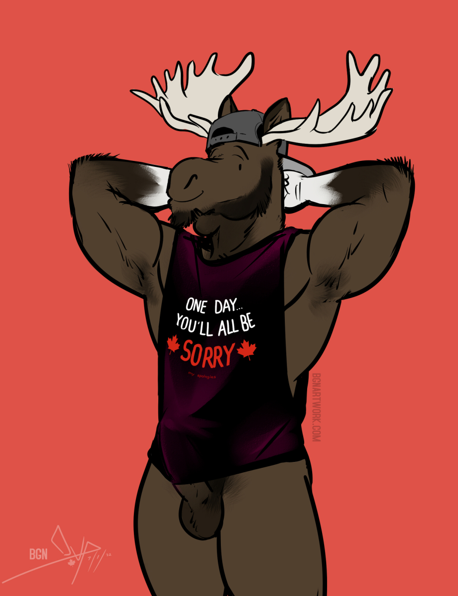 anthro antlers backwards_hat balls bgn bottomless capreoline cervid clothed clothing digital_media_(artwork) erection erection_under_clothing fur genitals hair hands_behind_head hat headgear headwear hi_res horn looking_at_viewer male mammal moose muscular muscular_anthro muscular_male nude penis shirt shirt_only simple_background smile solo text topwear topwear_only