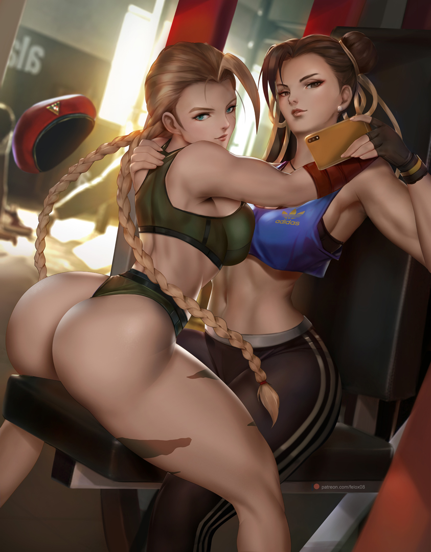 2girls abs adapted_costume adidas arm_around_shoulder arm_wrap arms_around_neck ass beret biceps black_sports_bra blonde_hair blush braid breast_press breasts brown_eyes brown_hair cammy_white cellphone chun-li crop_top day double_bun earrings facing_another felox08 fingerless_gloves gloves green_shorts green_sports_bra gym gym_shorts hair_bun hair_ribbon hat hat_removed headwear_removed holding holding_phone indoors jewelry large_breasts looking_at_viewer looking_back midriff multiple_girls muscular muscular_female navel pants phone ribbon scar scar_on_cheek scar_on_face selfie shorts sitting smartphone sports_bra street_fighter street_fighter_6 stud_earrings symmetrical_docking thick_thighs thighs thong twin_braids yoga_pants yuri