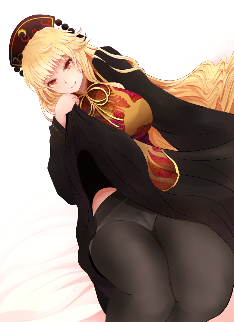 1girl arano_oki bangs bed belt black_dress black_headwear black_panties blonde_hair bow bowtie breasts chinese_clothes closed_mouth crescent dress grey_pantyhose hair_between_eyes hand_up hat indoors junko_(touhou) large_breasts long_hair long_sleeves looking_at_viewer on_bed panties panties_under_pantyhose pantyhose phoenix_crown pom_pom_(clothes) purple_belt red_eyes simple_background sitting sitting_on_bed smile solo tabard touhou underwear white_background wide_sleeves yellow_bow yellow_bowtie