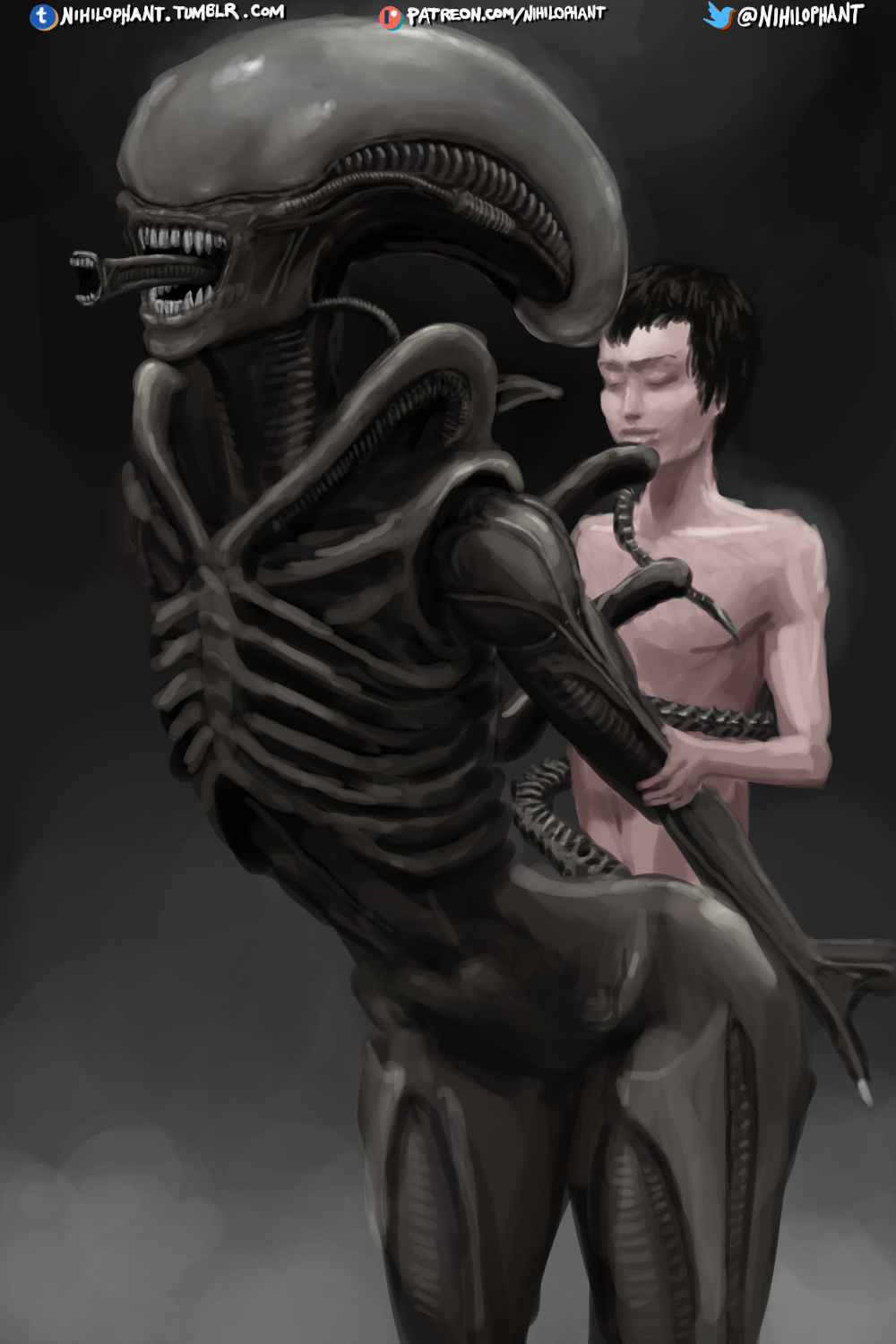 2:3 alien alien_(franchise) ambiguous_gender black_body black_hair digital_media_(artwork) duo eyeless eyes_closed from_behind_position hair hi_res looking_pleasured nihilophant open_mouth sex shaded sharp_teeth short_hair simple_background smile standing standing_sex teeth text url xenomorph