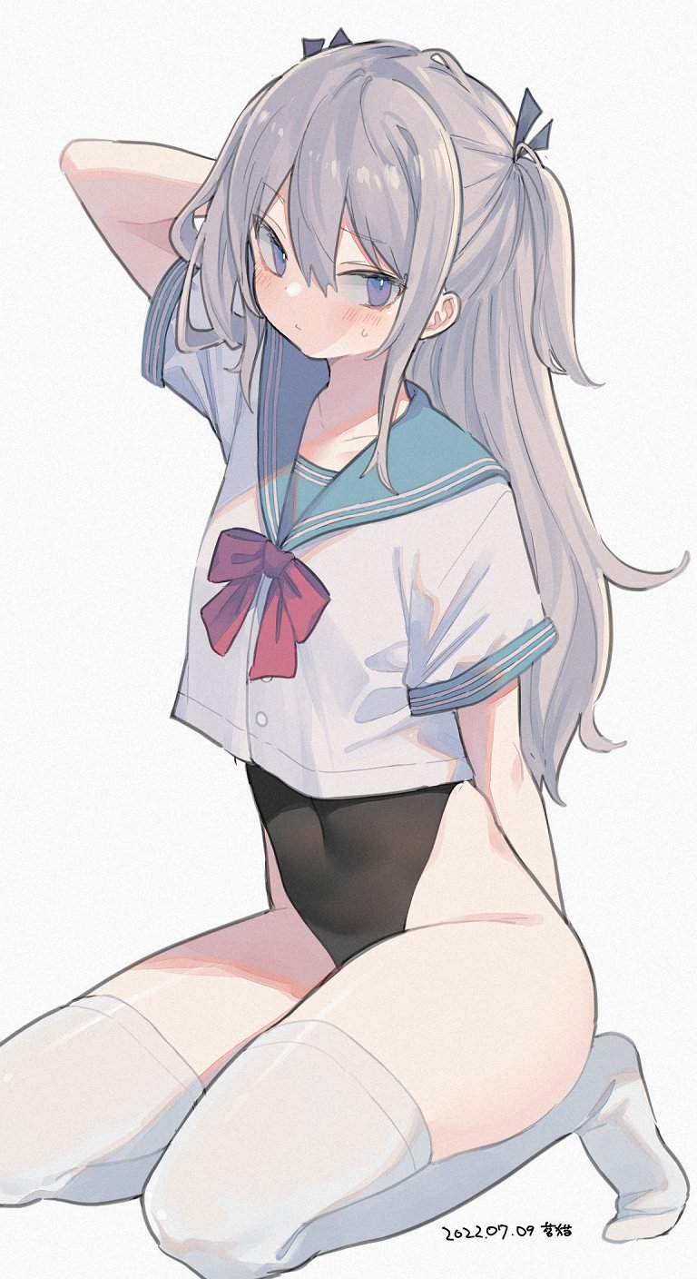1girl arm_behind_back arm_behind_head arm_up black_swimsuit blue_eyes bow bowtie covered_navel crop_top crop_top_overhang grey_hair hair_ribbon highleg highleg_swimsuit highres long_hair looking_at_viewer mimelond no_shoes original ribbon sailor_collar sailor_shirt shirt short_sleeves sidelocks simple_background solo sweatdrop swimsuit swimsuit_under_clothes thighhighs thighs two_side_up white_background white_legwear white_shirt