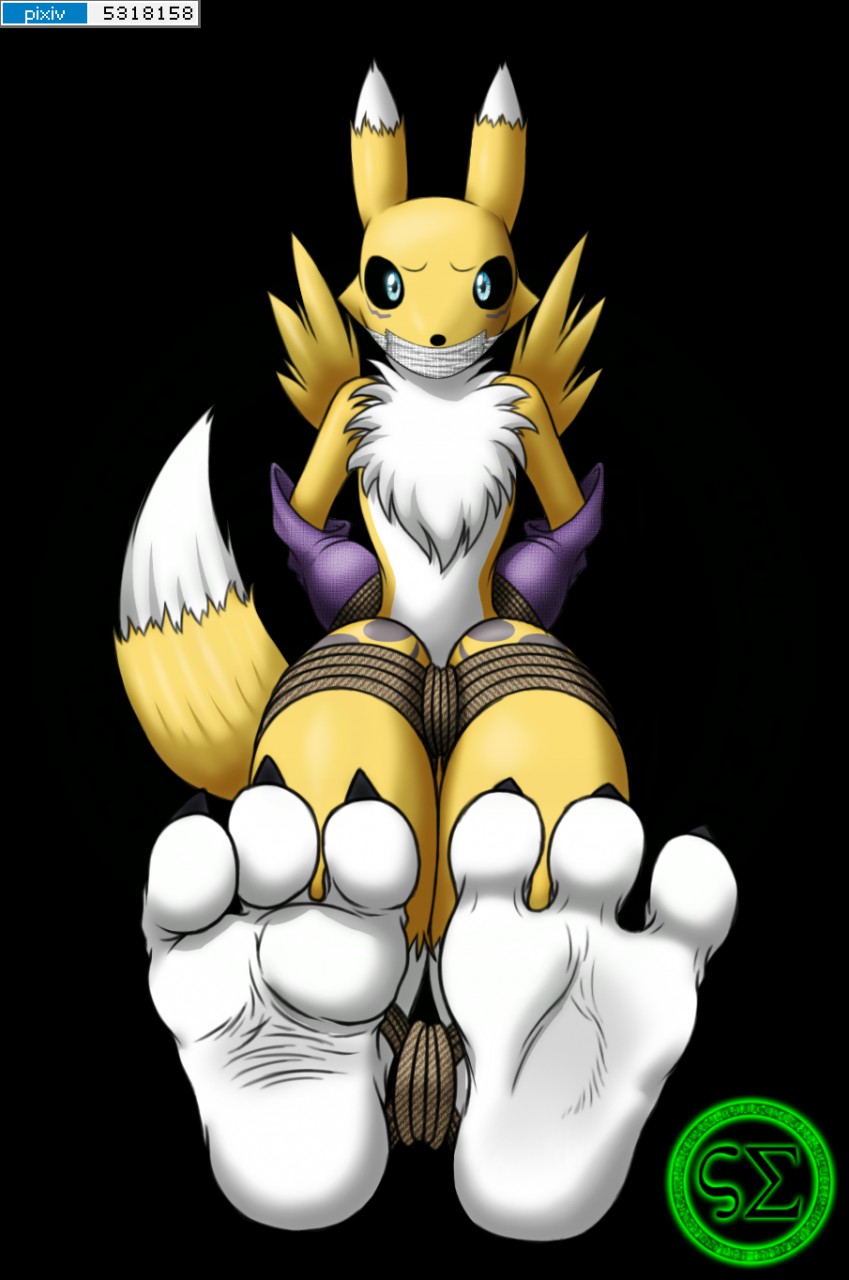 3_toes anthro armwear bandai_namco barefoot bdsm bondage bound captured clothing digimon digimon_(species) feet female foot_focus gag hands_behind_back hi_res mammal nude plantigrade renamon restrained restraints rope screampunk sitting soles solo submissive submissive_female tape toes